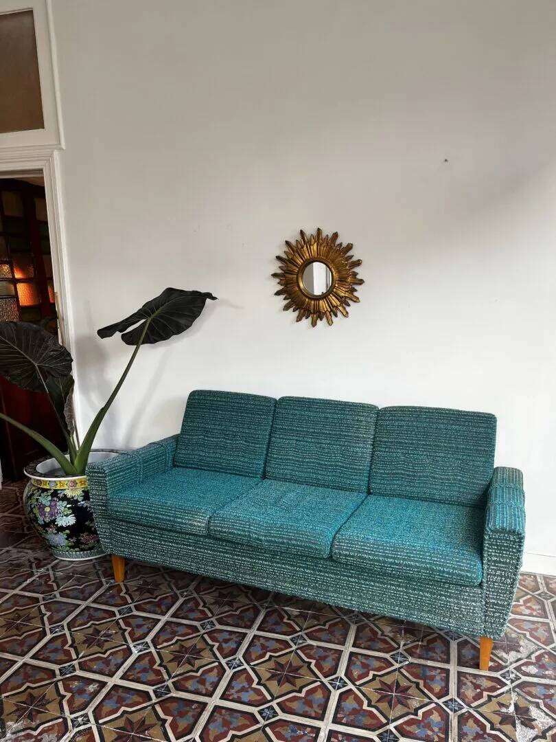 Mid-century sofa, three-seater in turquoise shade