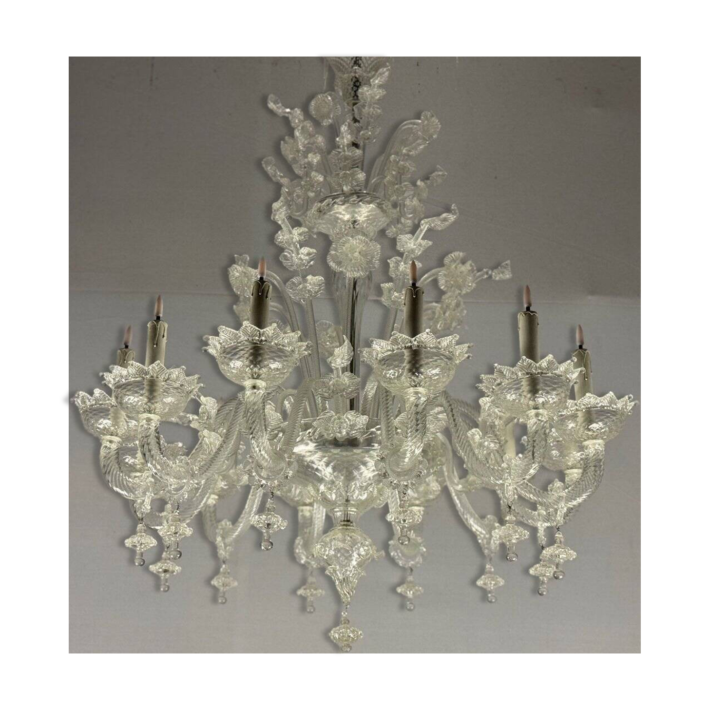 Venetian Chandelier in Colorless Murano Glass, 12 Light Arms, Circa 1900