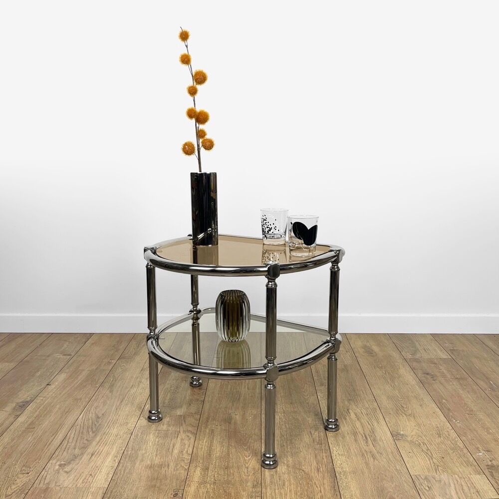 Half-moon side table double chrome tray and smoked glass 70's