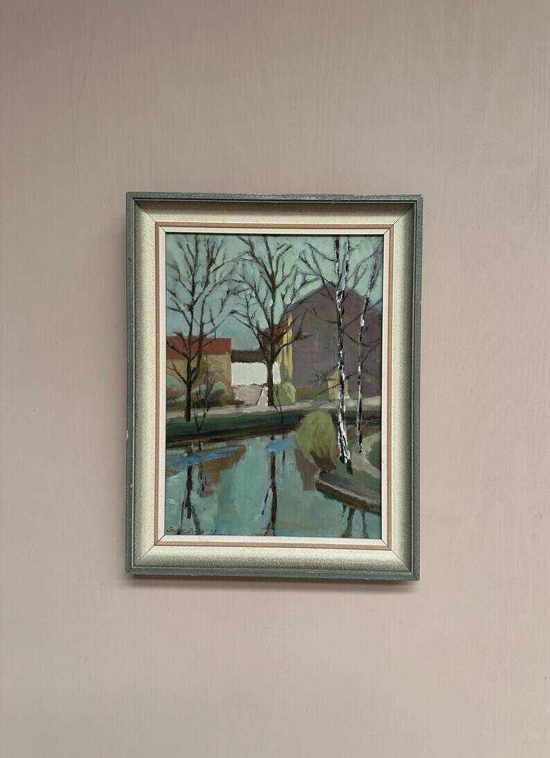 Original Swedish Oil on Canvas - "Landscape with Trees and Buildings" by Ingvar Björk - 1948 - Vintage - Framed - 62 × 48 cm (24.4" × 18.9")