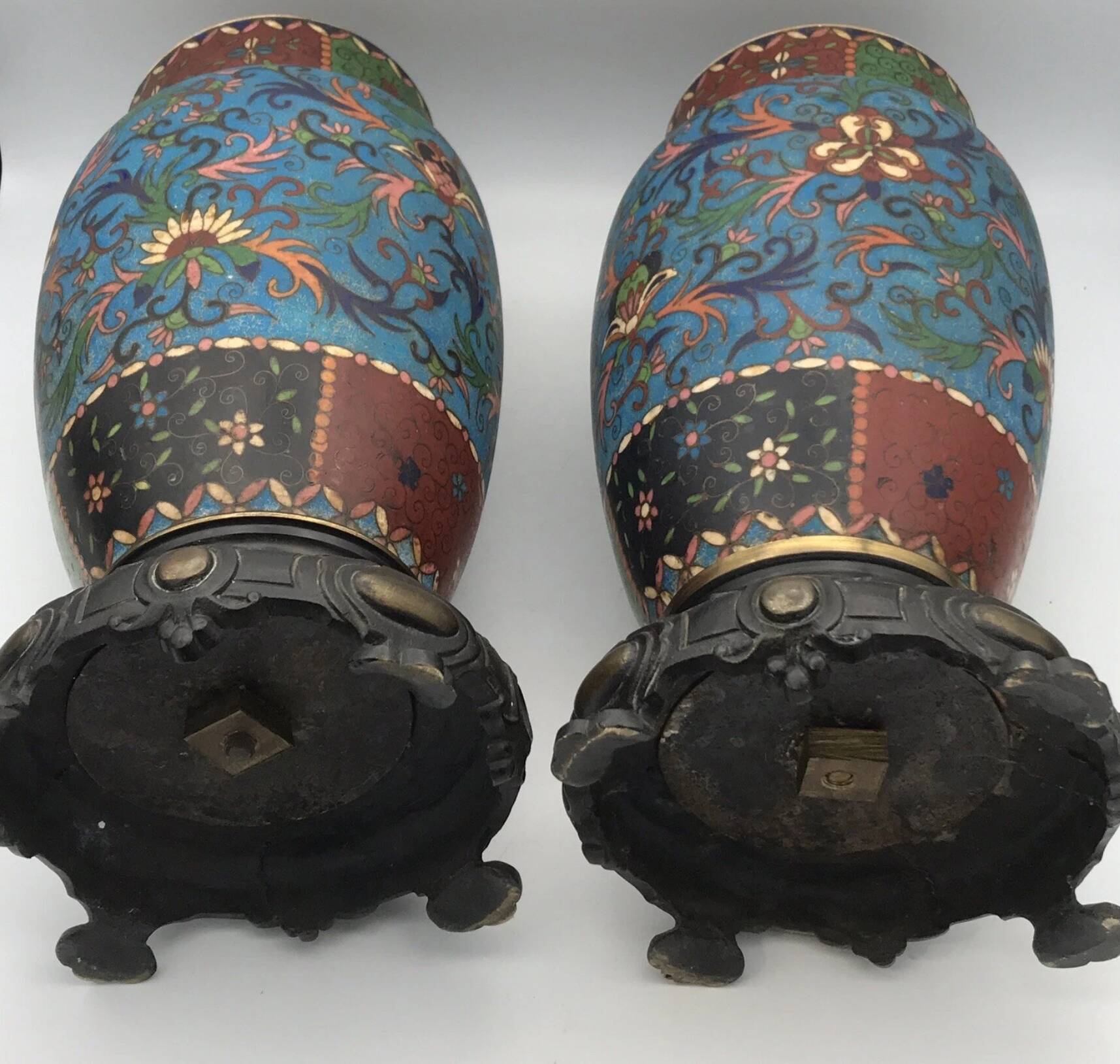 PAIR of Cloisonné Ceramic VASES, Floral Decoration, Bronze Base