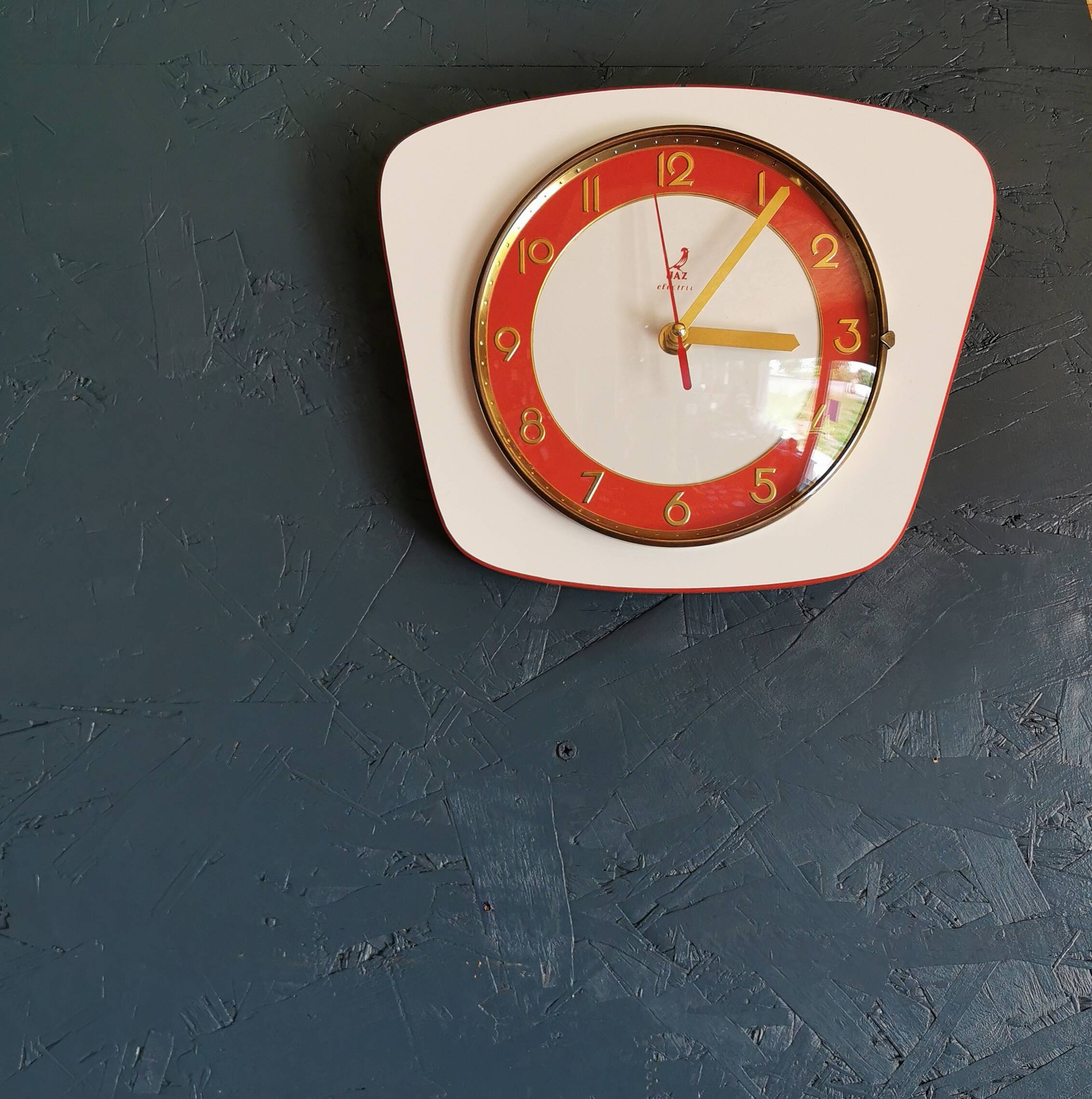 Vintage Formica clock silent trapeze wall pendulum "Jaz white orange"