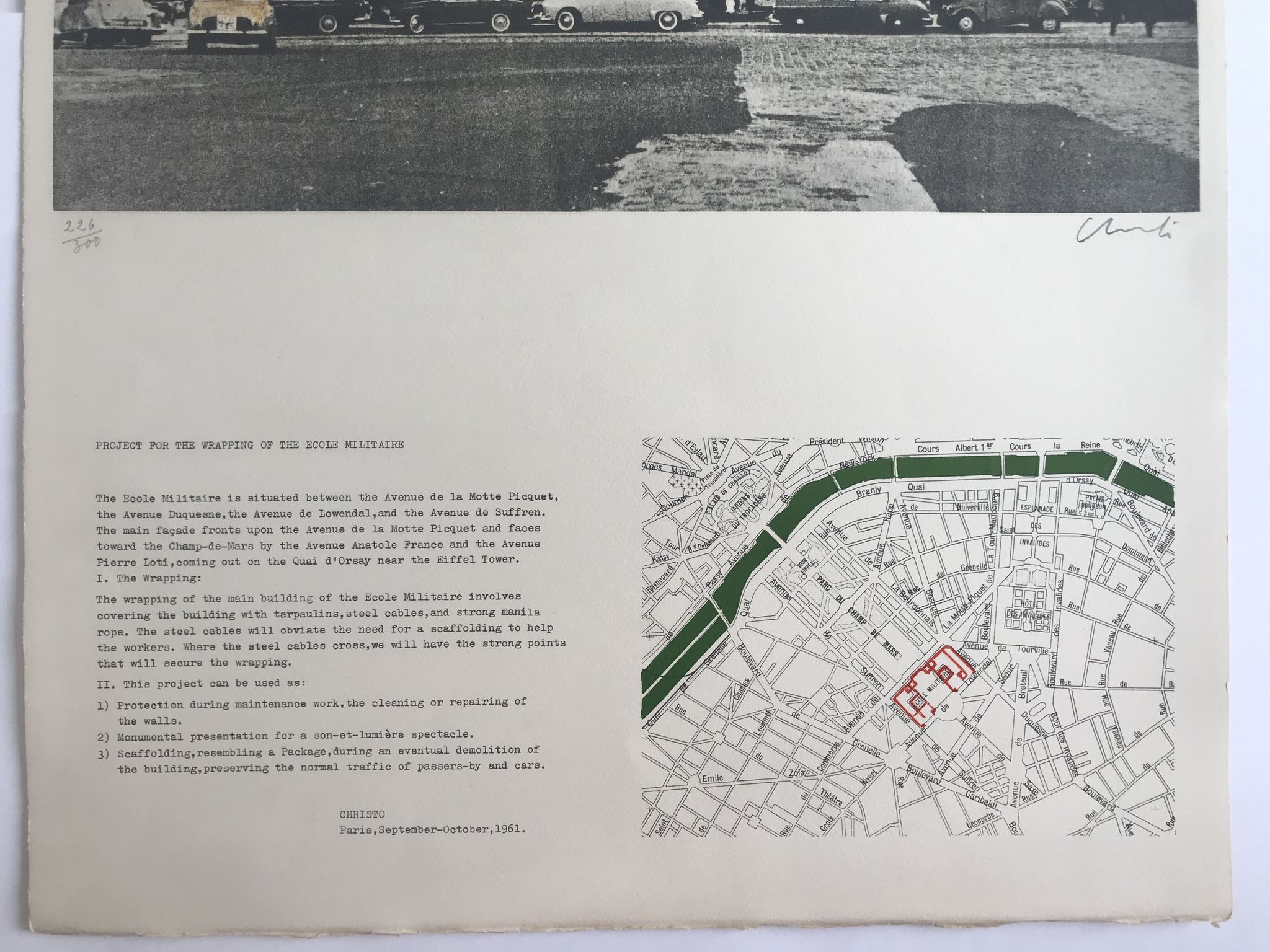 Original lithograph signed by CHRISTO, Wrapping of the Ecole Militaire, 1970