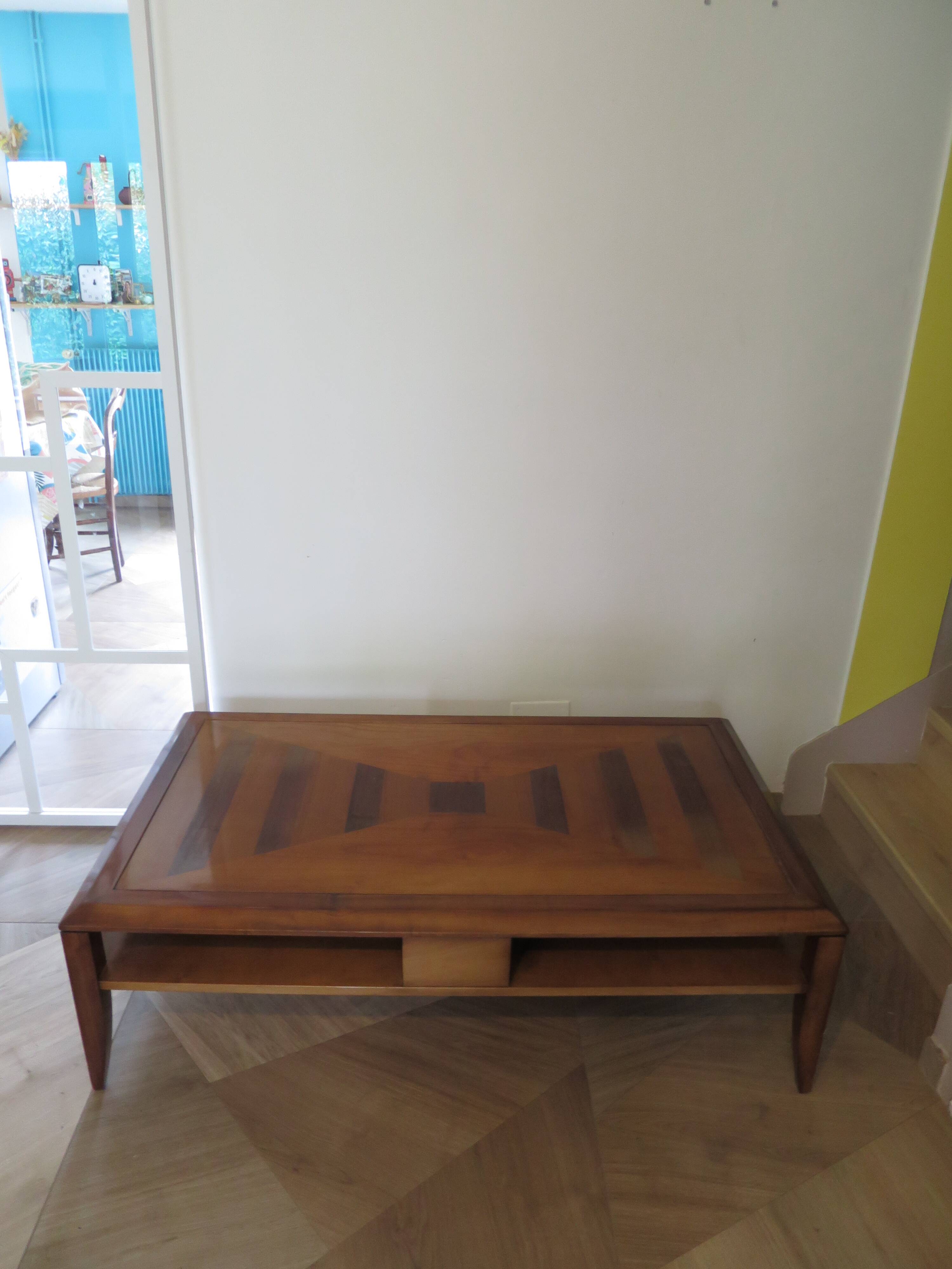 Large coffee table - cherry finish - solid wood - butterfly motifs
