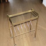 Vintage side table with brass and glass magazine rack