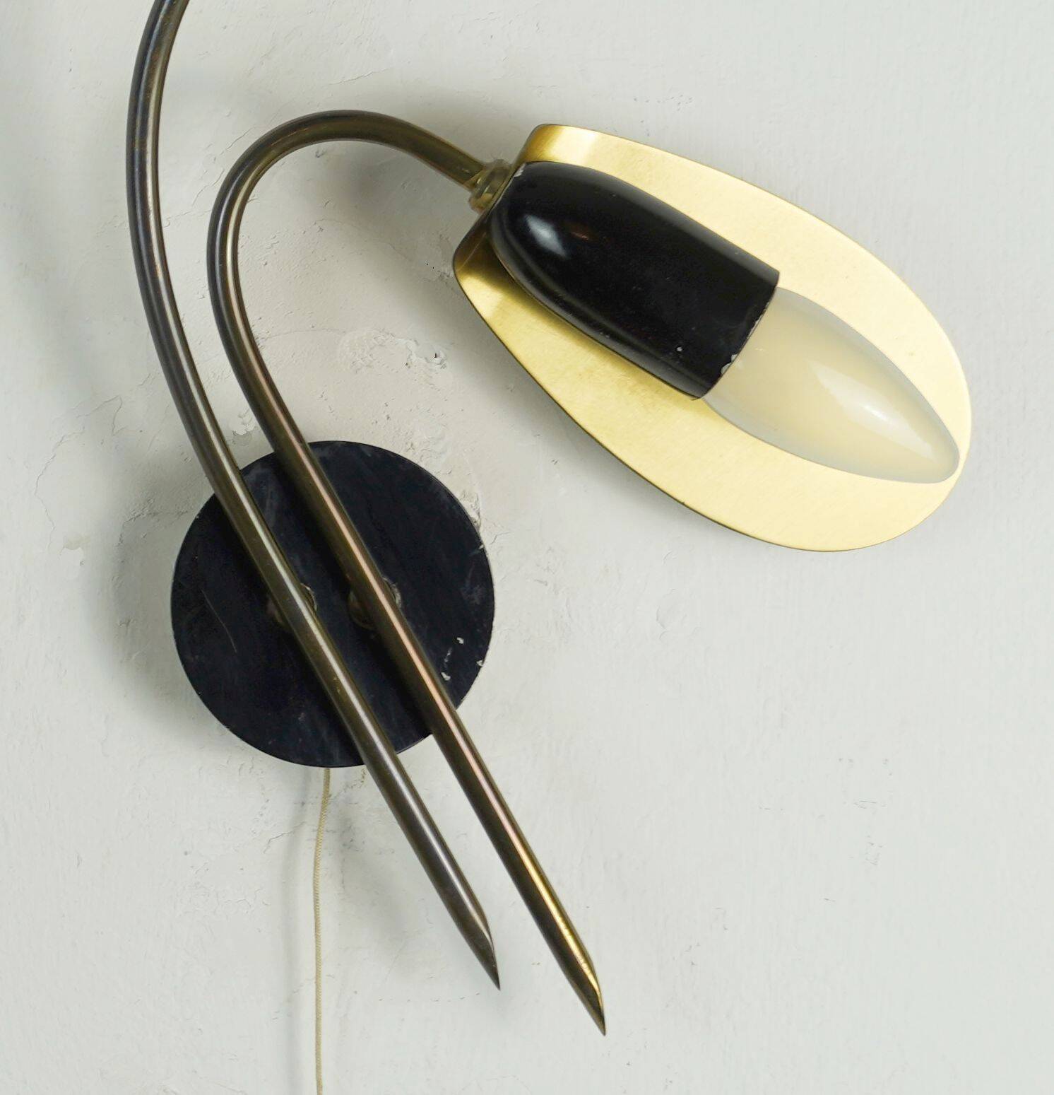 Pair of 1950s mid century sconces wall lamps brass black metal