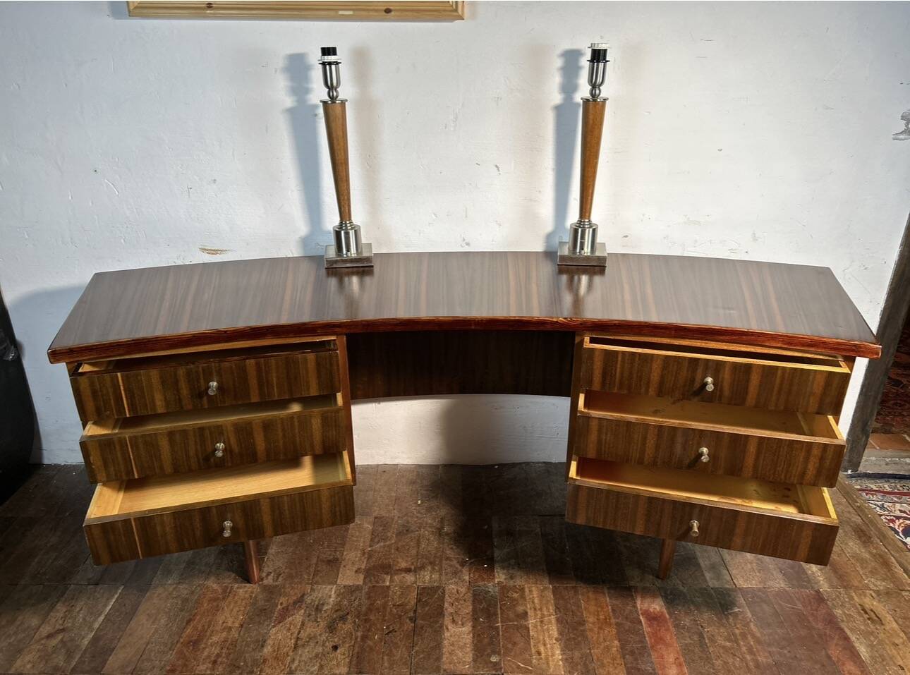Mid Century Retro Vintage Walnut executive Desk by Morris of Glasgow curved