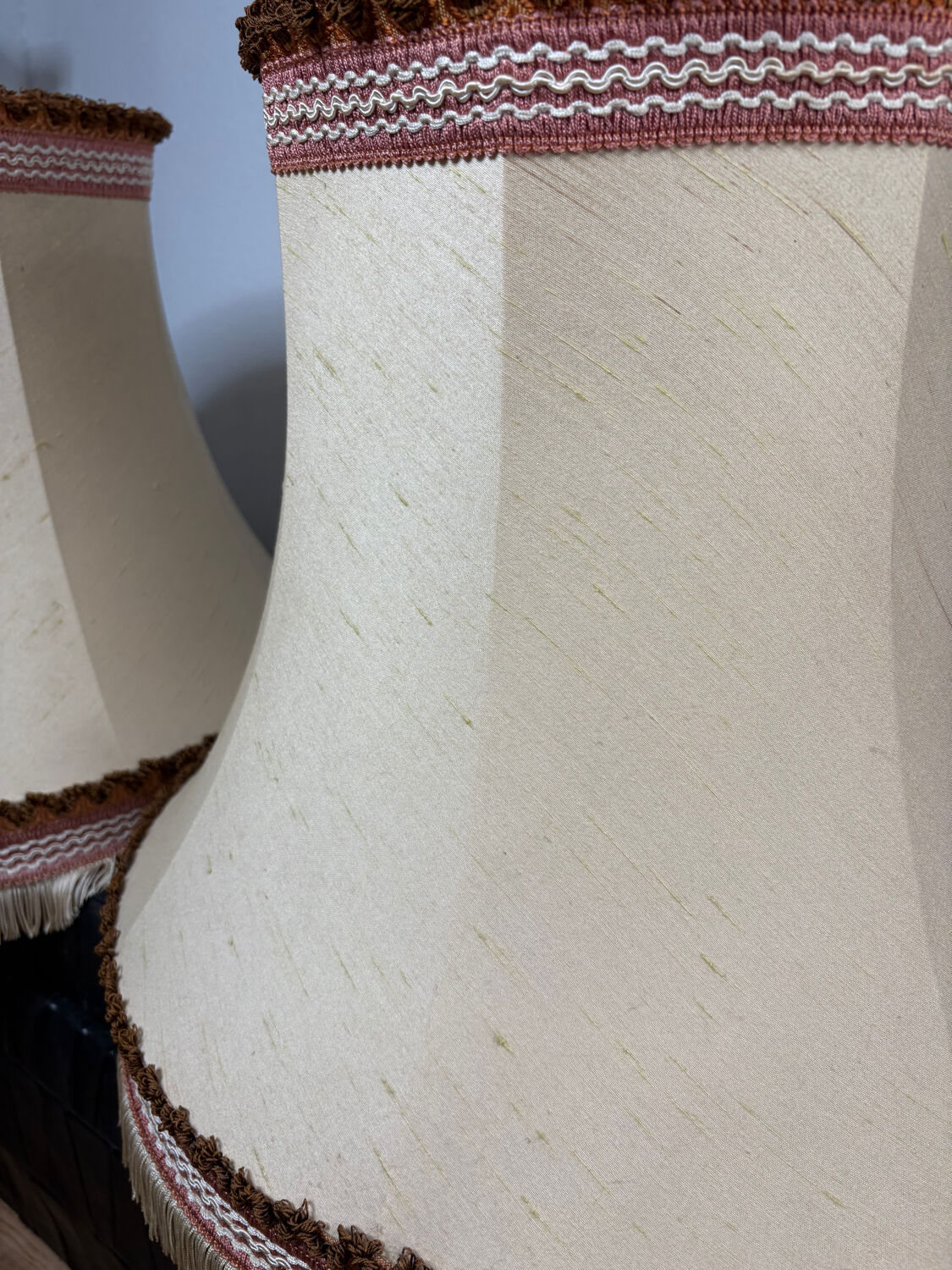 Pair of antique fabric lampshades with fringe