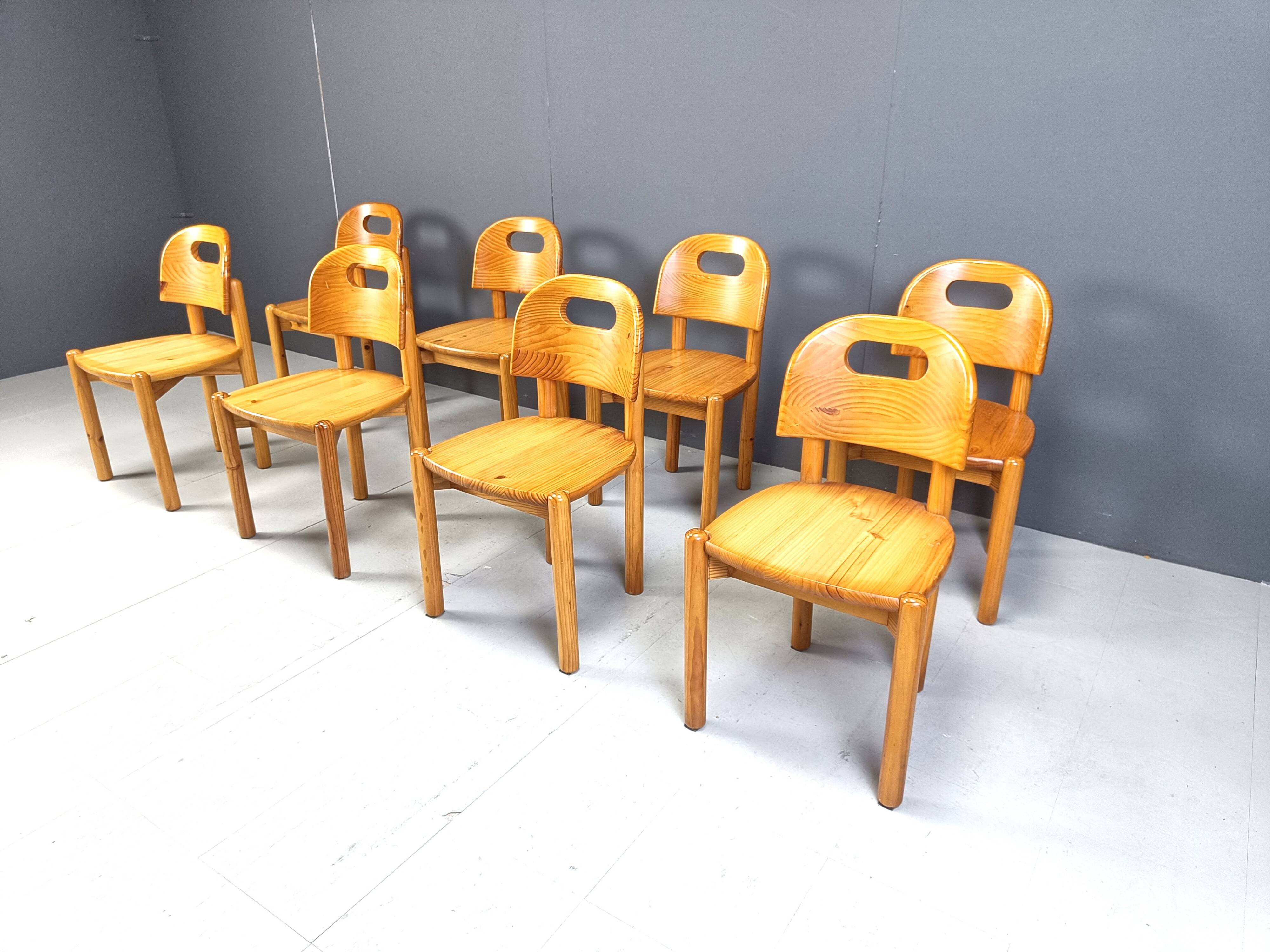 Vintage pine wood dining chairs - 1980s - set of 8