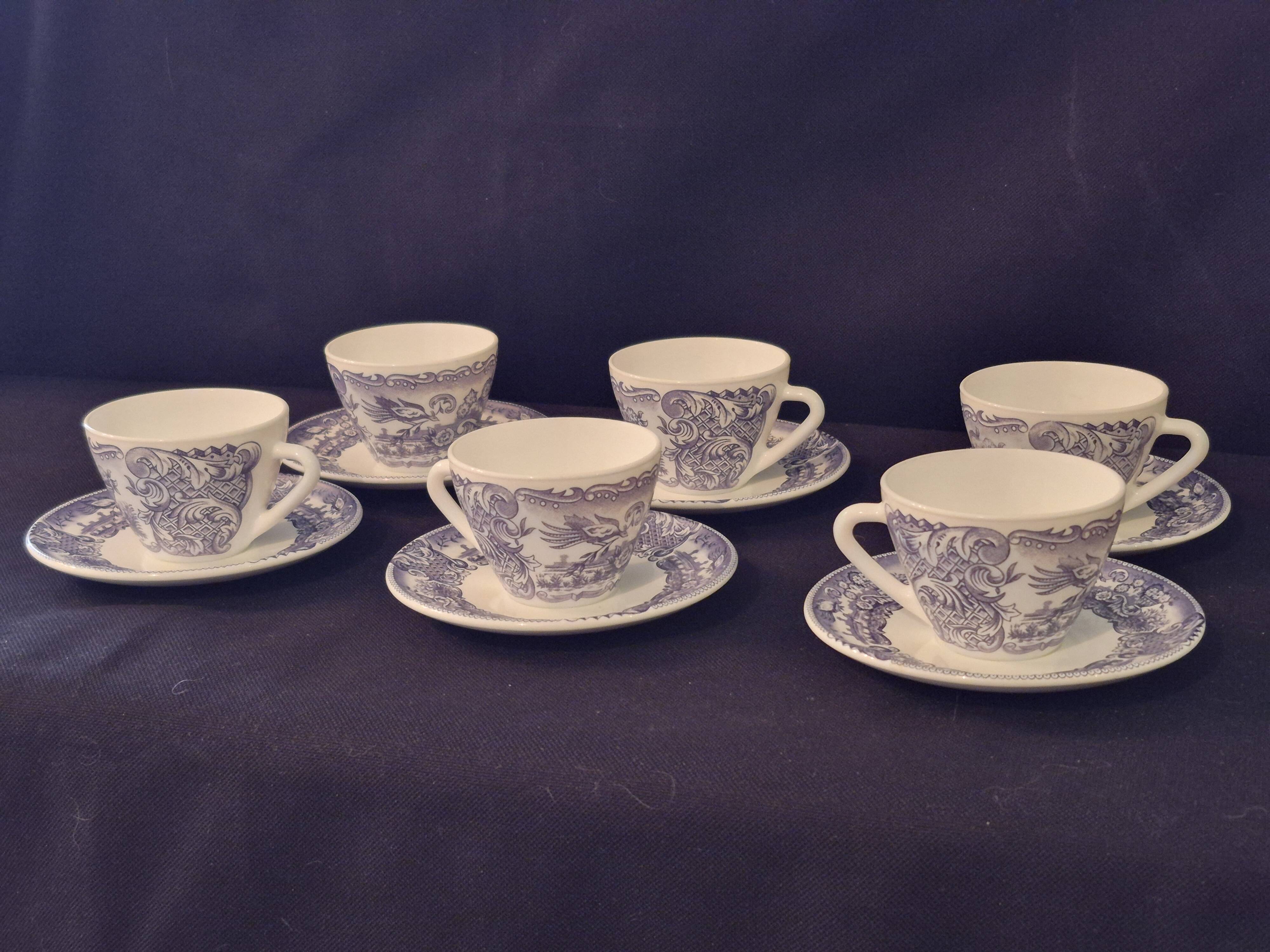 Set of six cups and saucers in opaline, vintage, RIVANEL