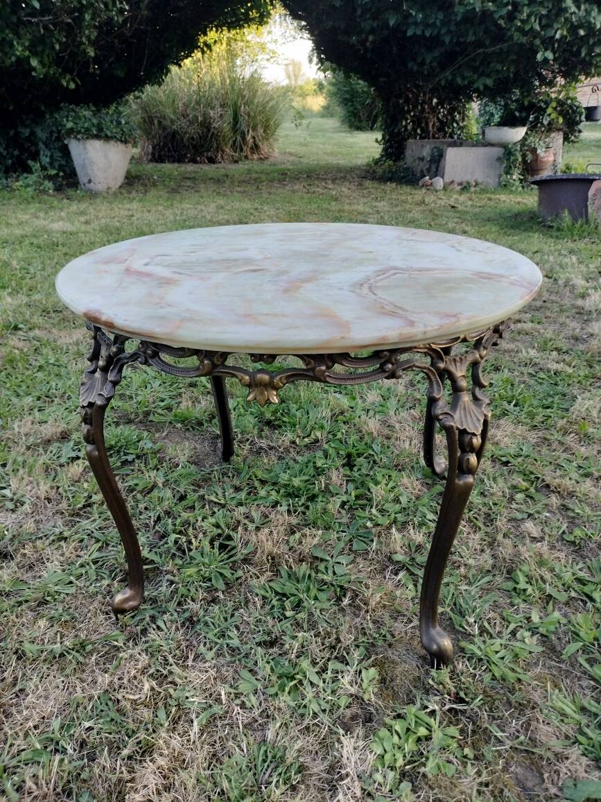 Antique side table/low table, onyx top and patinated bronze metal base.