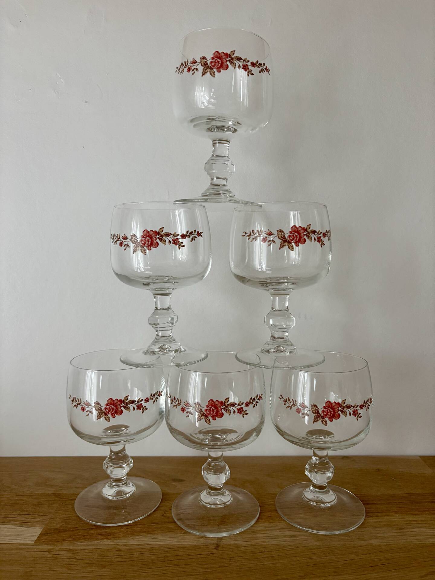 Vintage lot de 6 verres à pied Luminarc fleurs roses