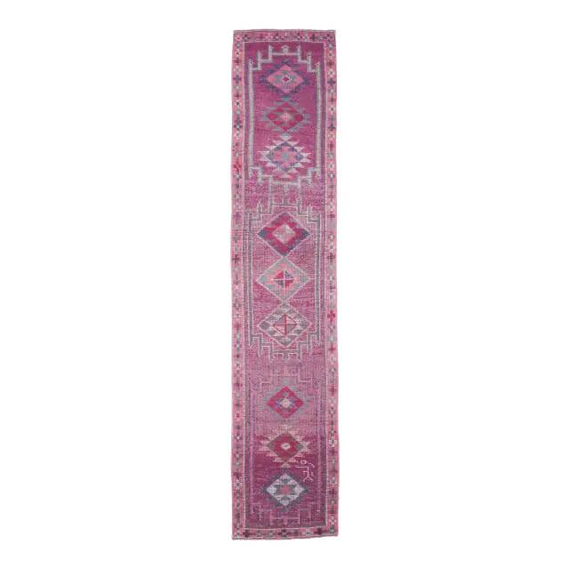 1970s Turkish Handmade Pink Diamond Wool Runner Rug 78x384