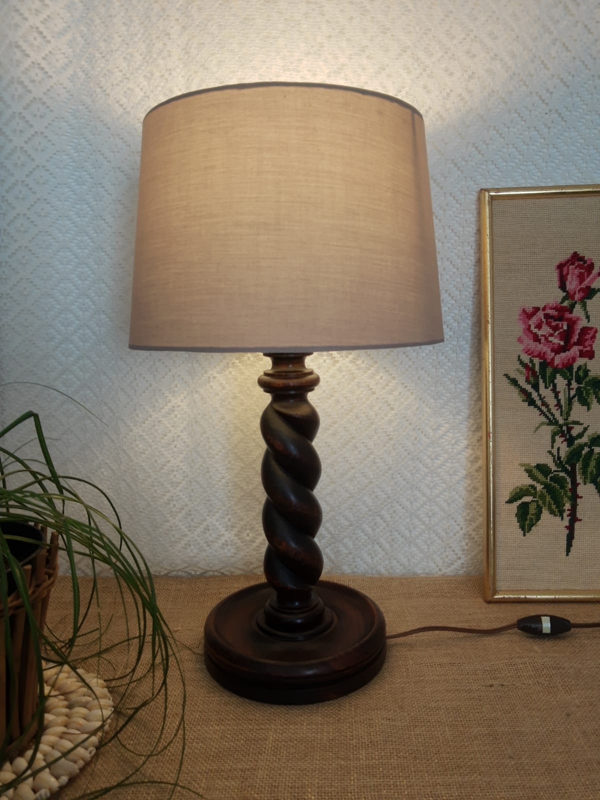 Turned wooden table lamp - vintage