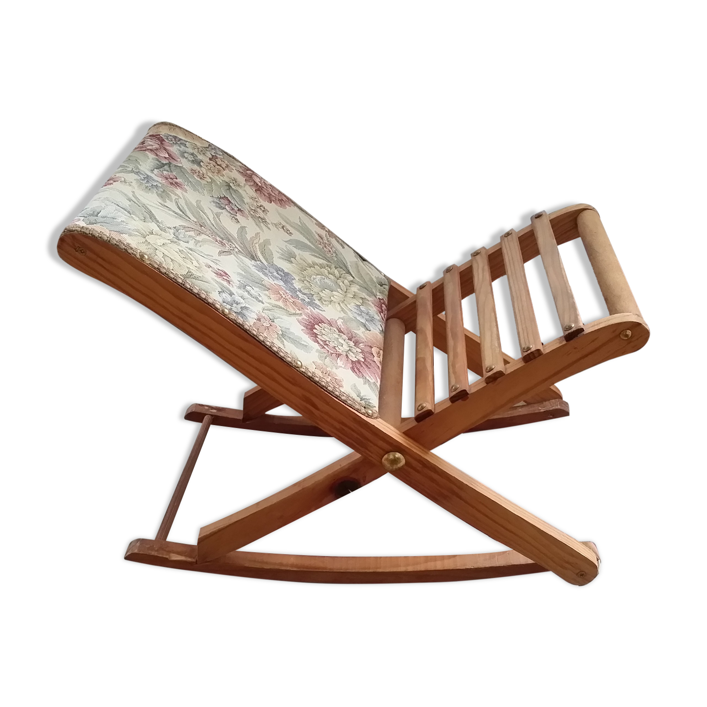 Wooden footrest and vintage tapestry