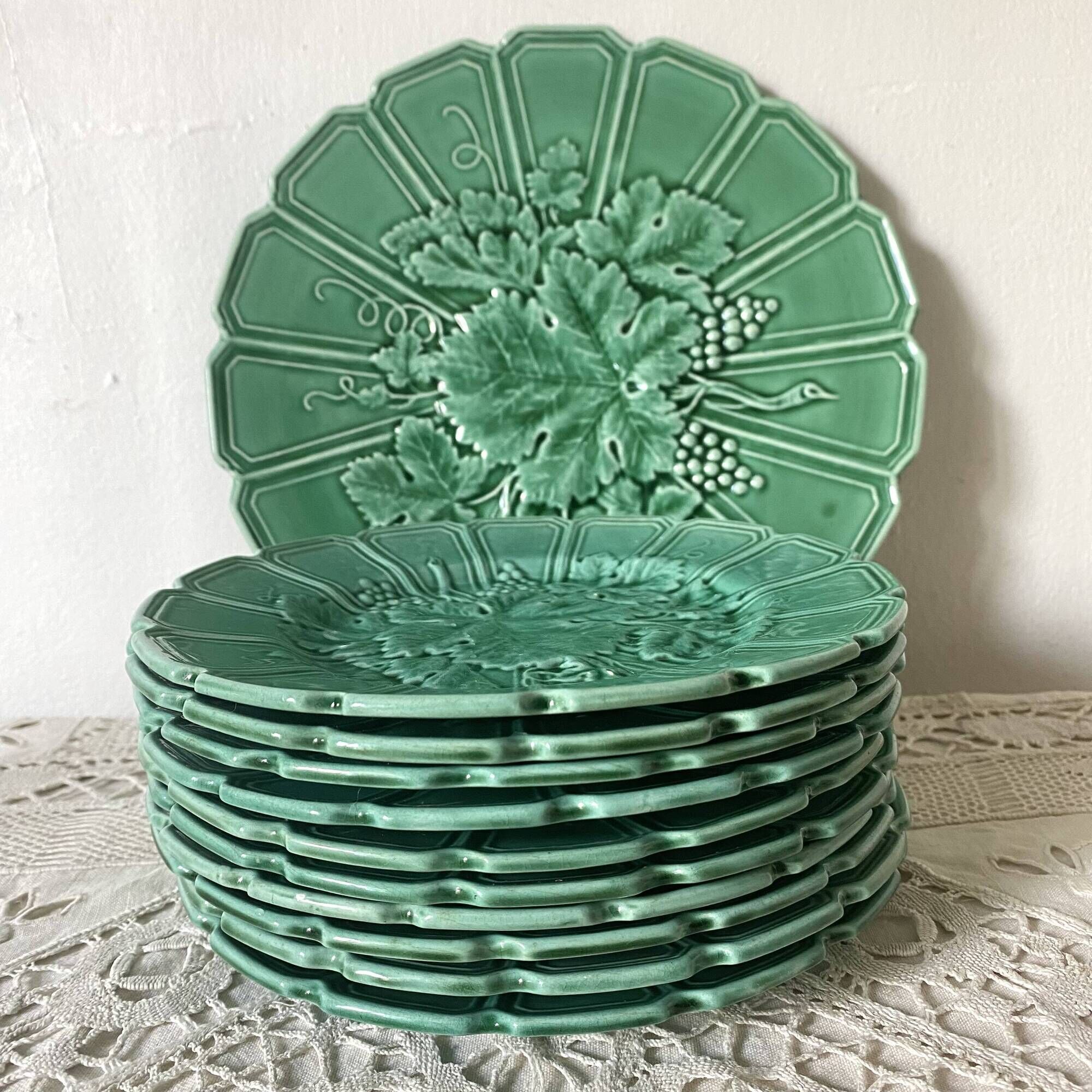 10 barbotine dessert plates and vine leaf dish