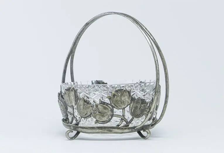 Postmodernist sugar bowl, silver-plated brass, glass, Poland, 1970s