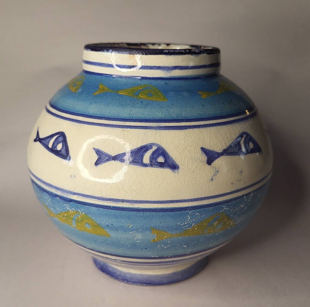 Portuguese Ceramic Vase Decorated with Blue & Gold Fish