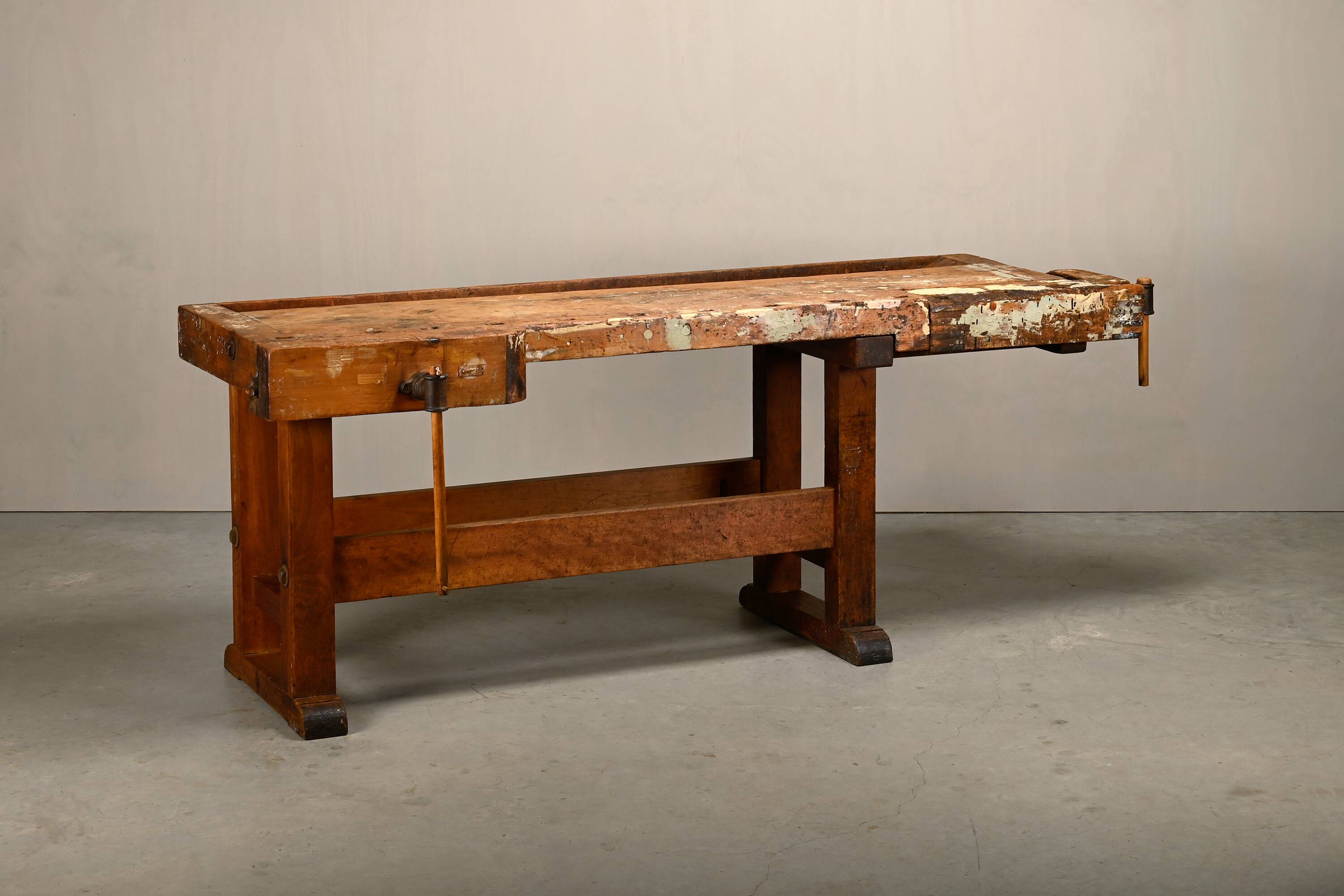 Vintage Wooden Industrial Rustic Carpenter’s Workbench with Two Vises