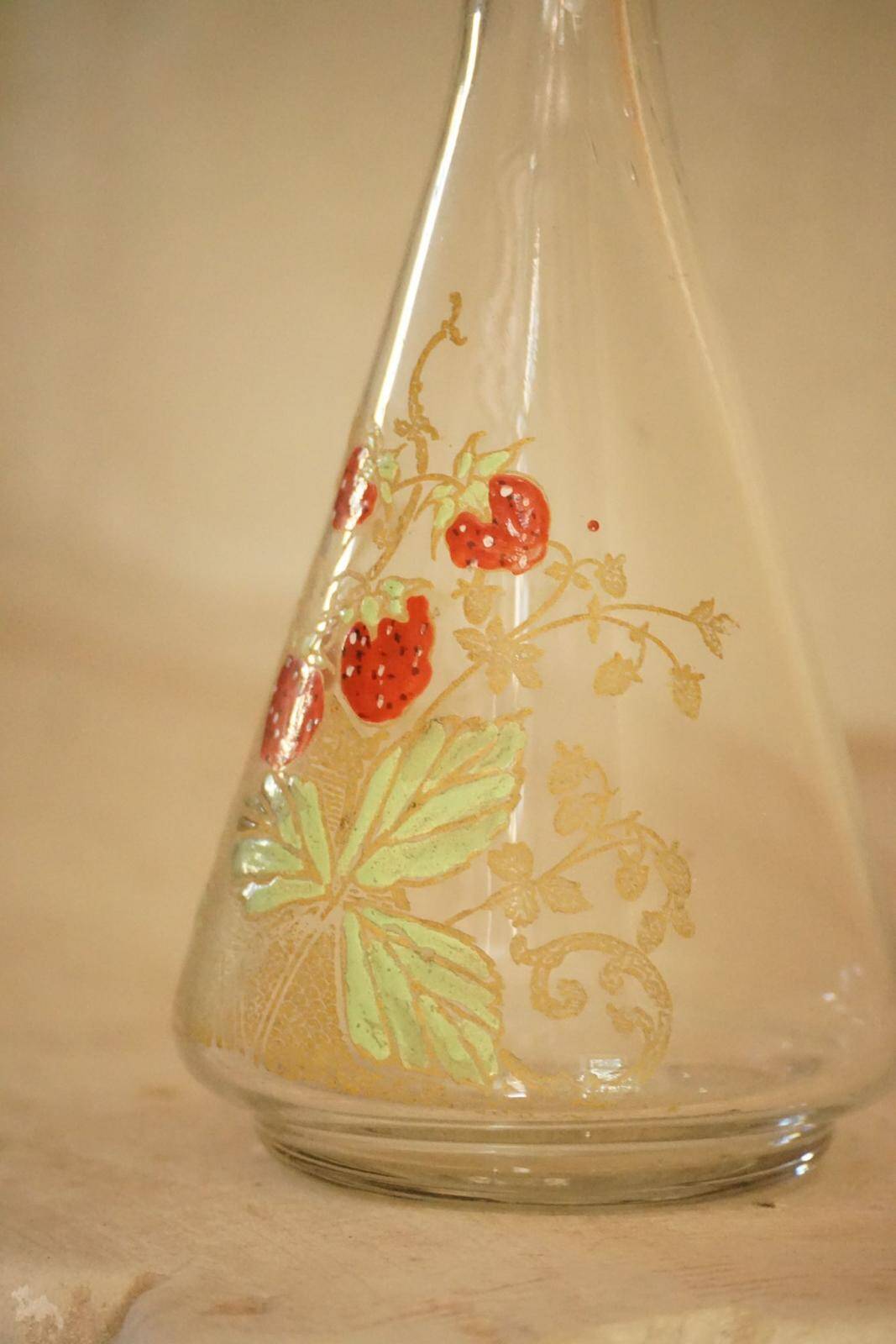 Legras (late 19th century) strawberry enamelled glass liqueur carafe.