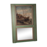 Green lacquered wood trumeau with a lively winter landscape h:1m79