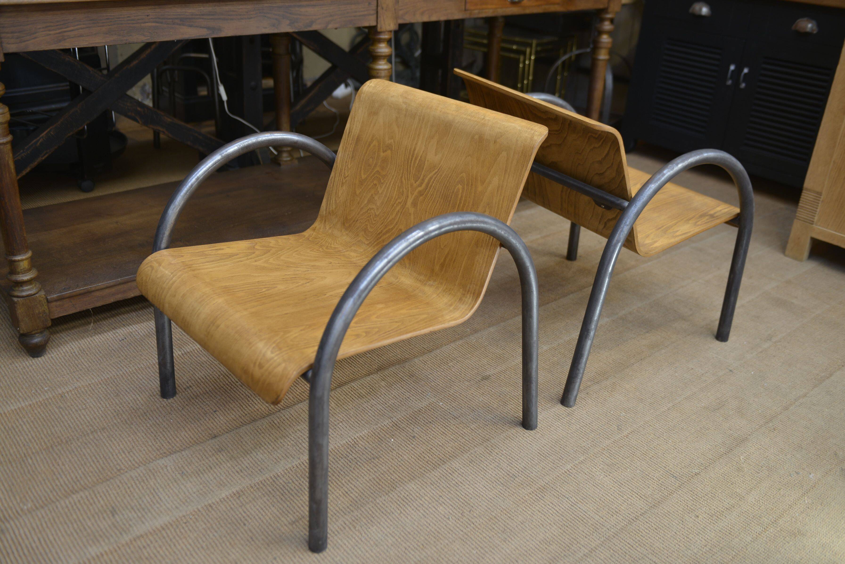 Pair of Vintage Design Armchairs in Metal and Wood, 1950s