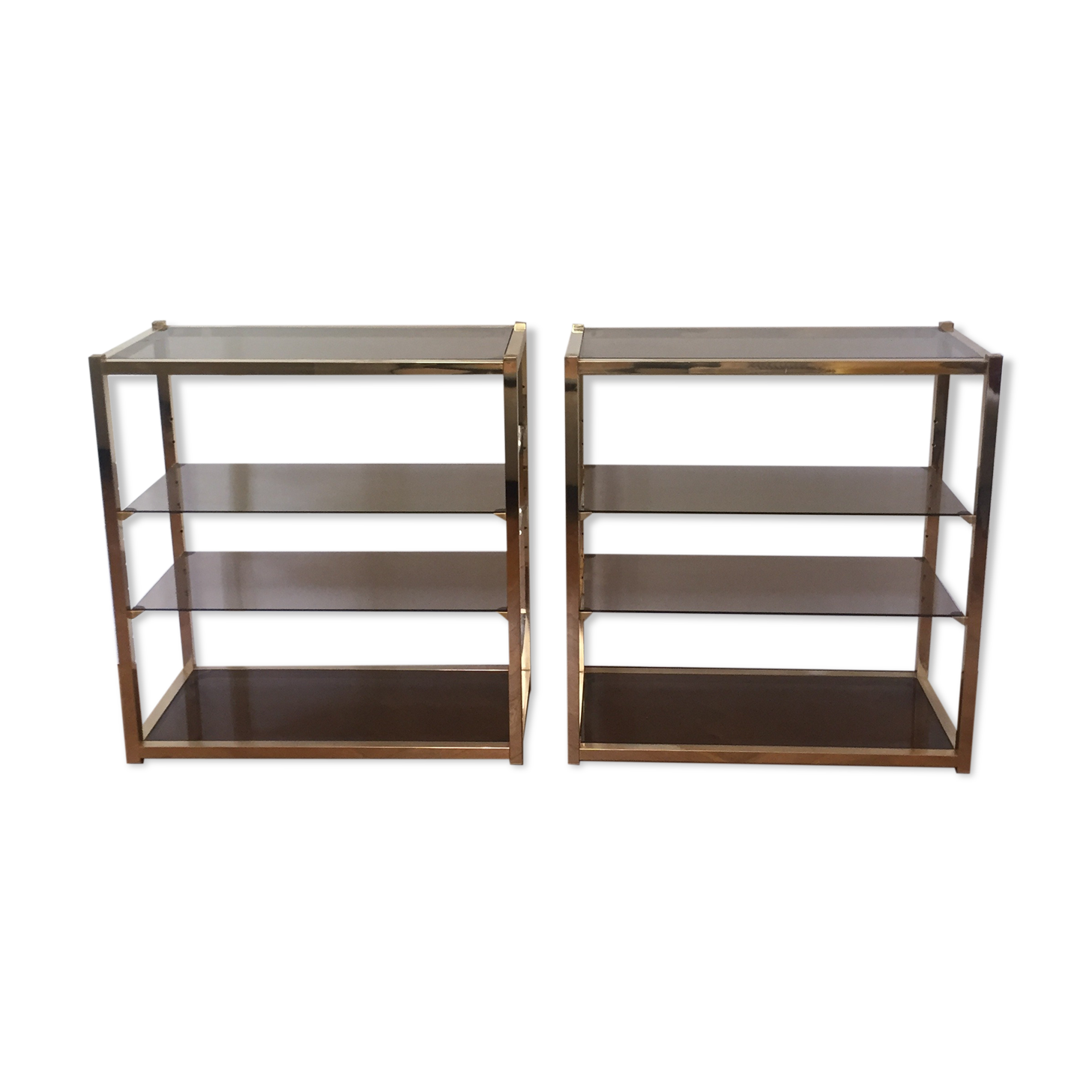 Pair of consoles brass shelves and smoked glass design Roche Bobois