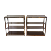 Pair of consoles brass shelves and smoked glass design Roche Bobois