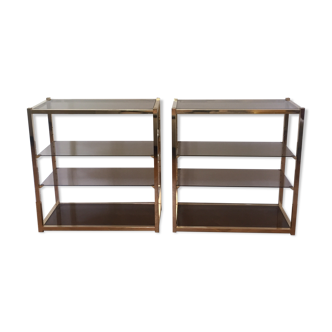 Paire d'étagères laiton et verre fumée design Roche Bobois