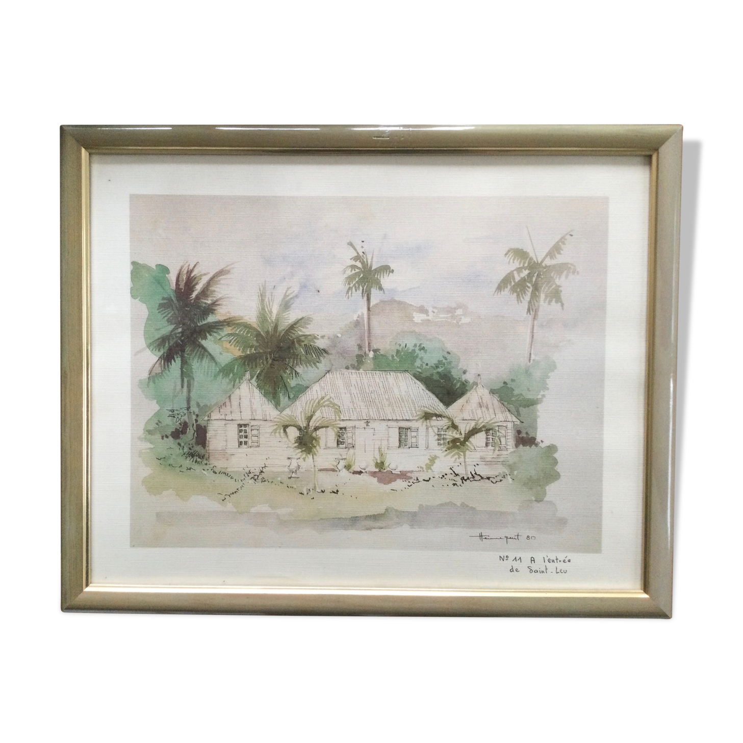 Framed watercolor by F. Hennequet - Reunion Island, At the entrance of Saint-Leu