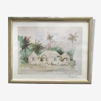 Framed watercolor by F. Hennequet - Reunion Island, At the entrance of Saint-Leu