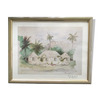 Framed watercolor by F. Hennequet - Reunion Island, At the entrance of Saint-Leu