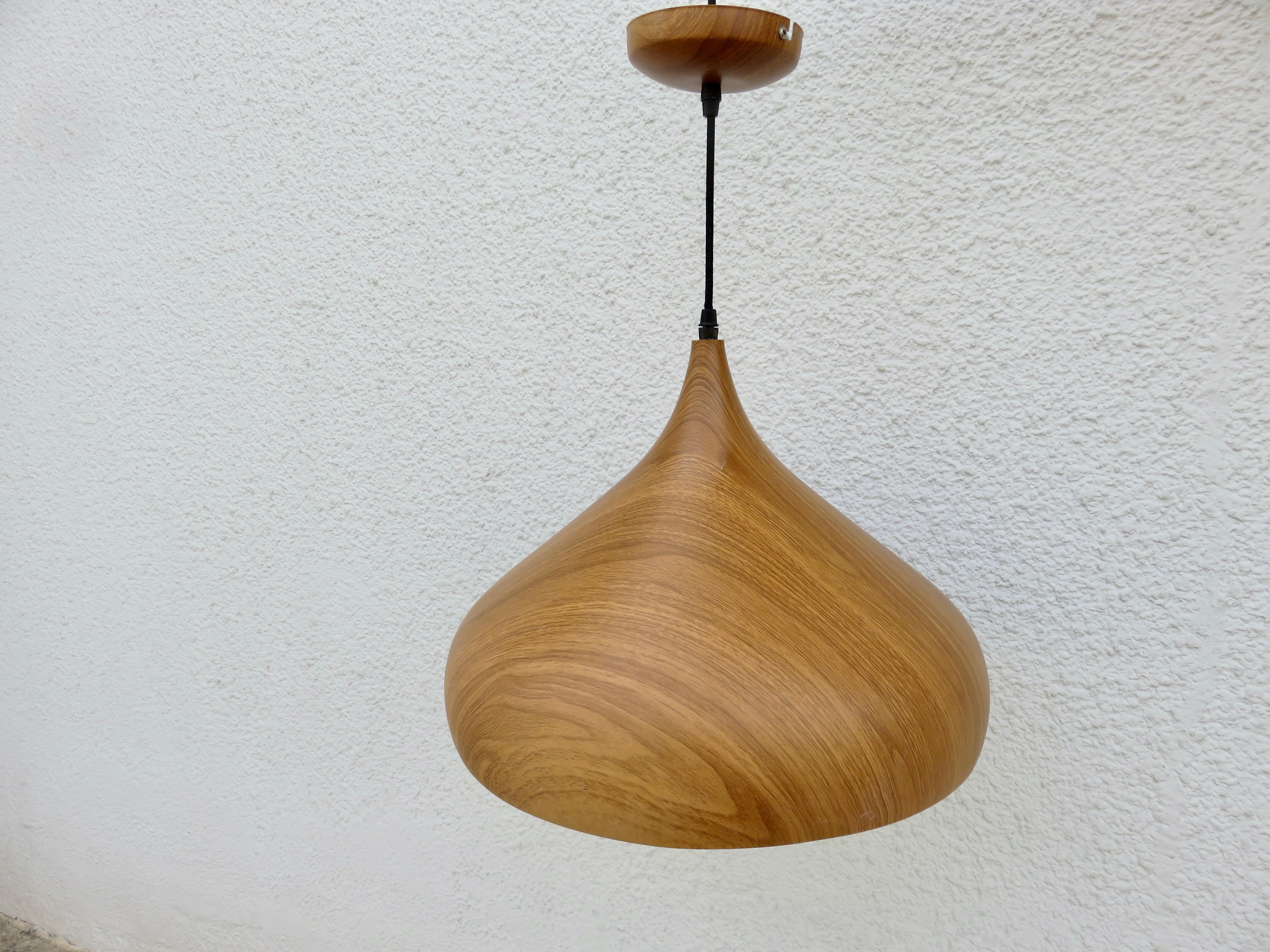 Scandinavian metal pendant light with a faux wood finish, 1980s.