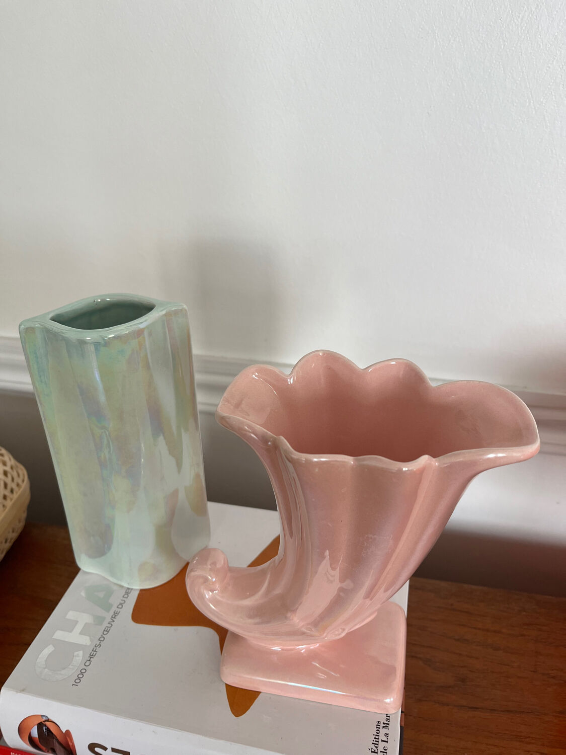Duo of vintage iridescent ceramic vases