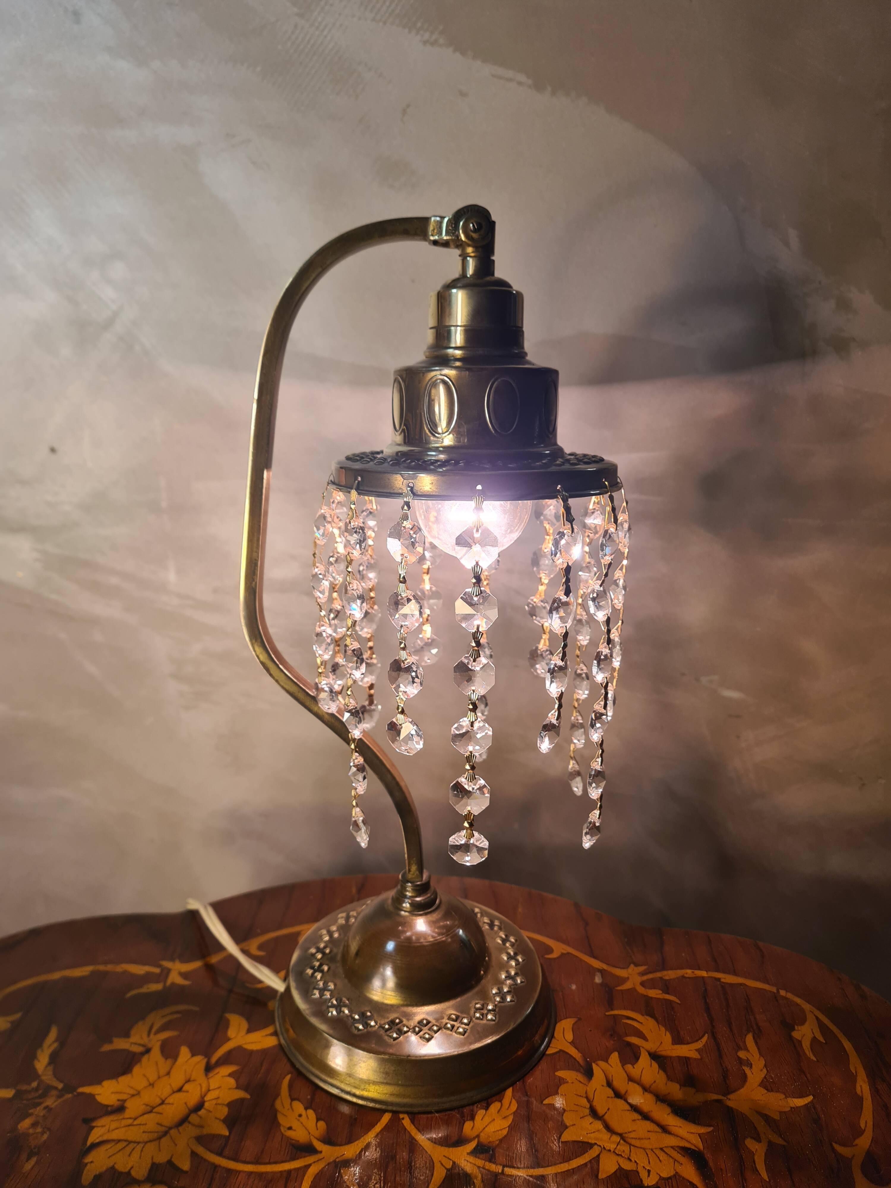 antique brass lamp with crystal pendant 33x14 slight signs of wear