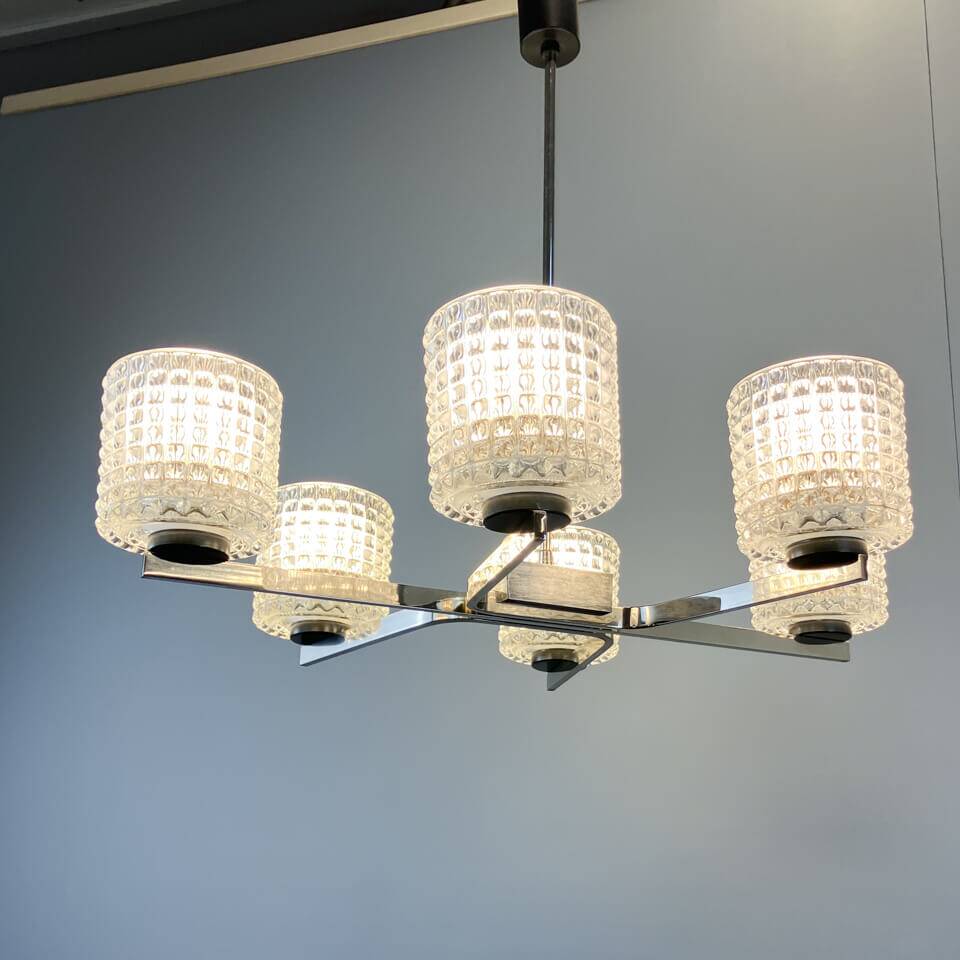 Six-light chandelier by Kaiser Leuchten, chrome, glass, vintage of the 60s