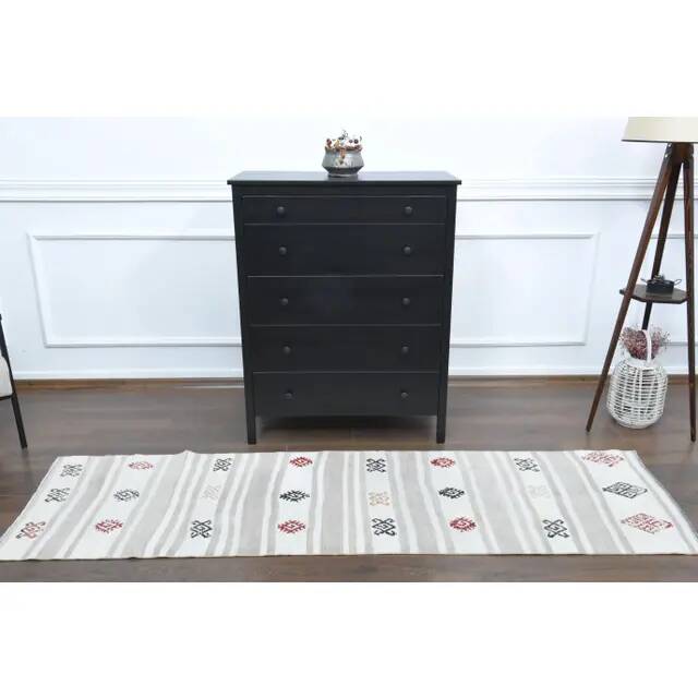 Vintage Turkish Hand-Knotted Wool Cotton White Runner Rug 70x242