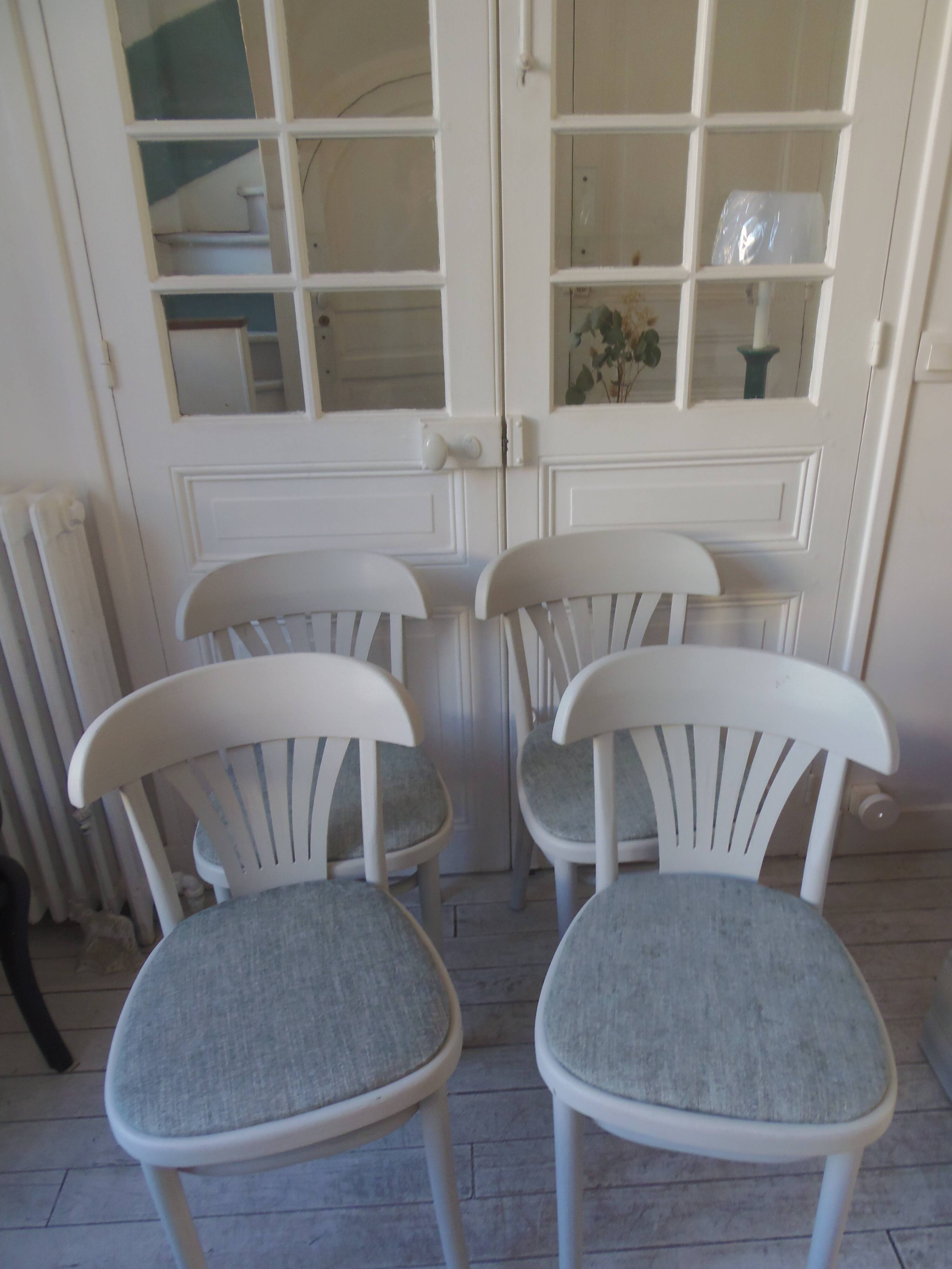 Set of 4 vintage bistro chairs enhanced in pearl grey.