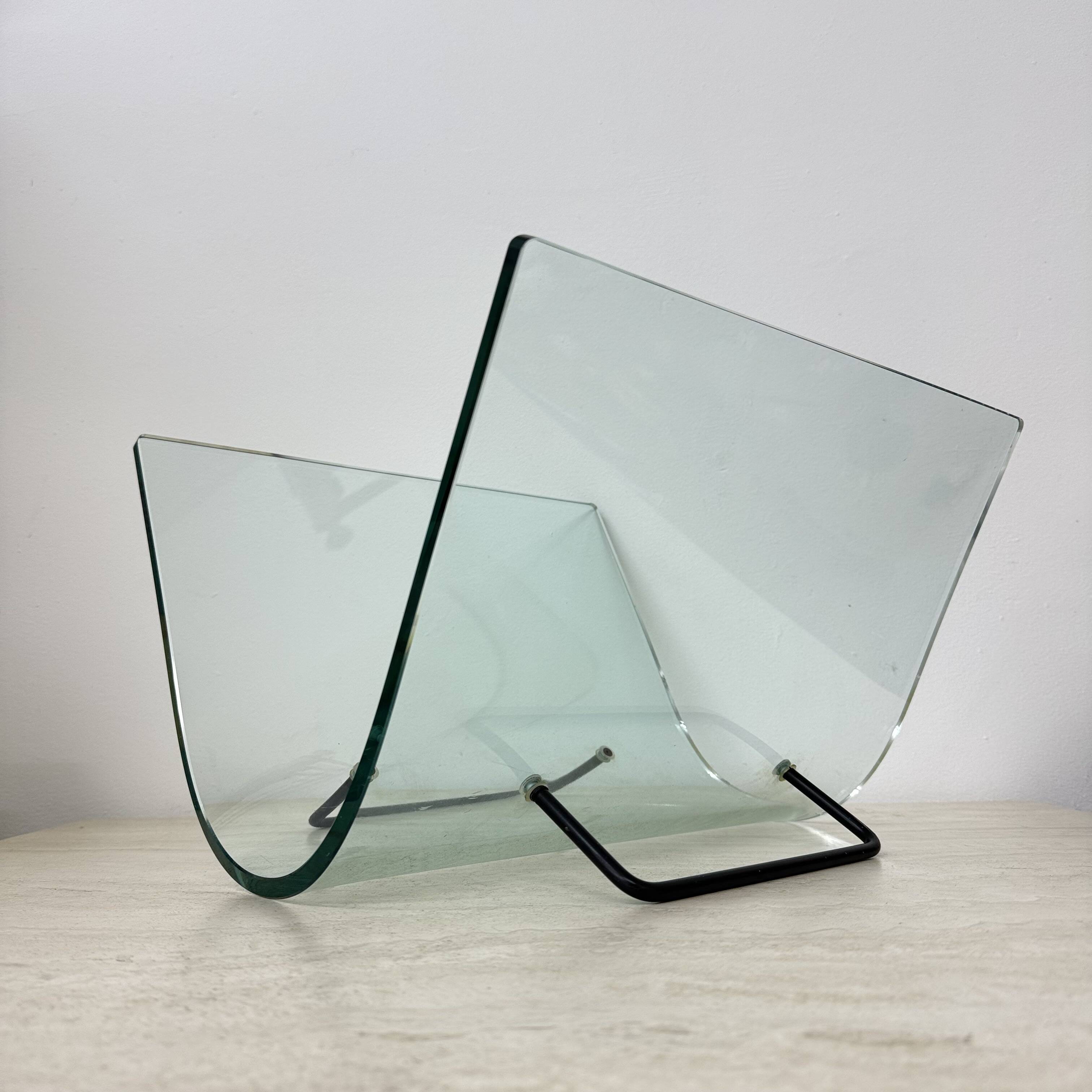 Post modern Fiam Italy curved glass magazine rack , 1980’s