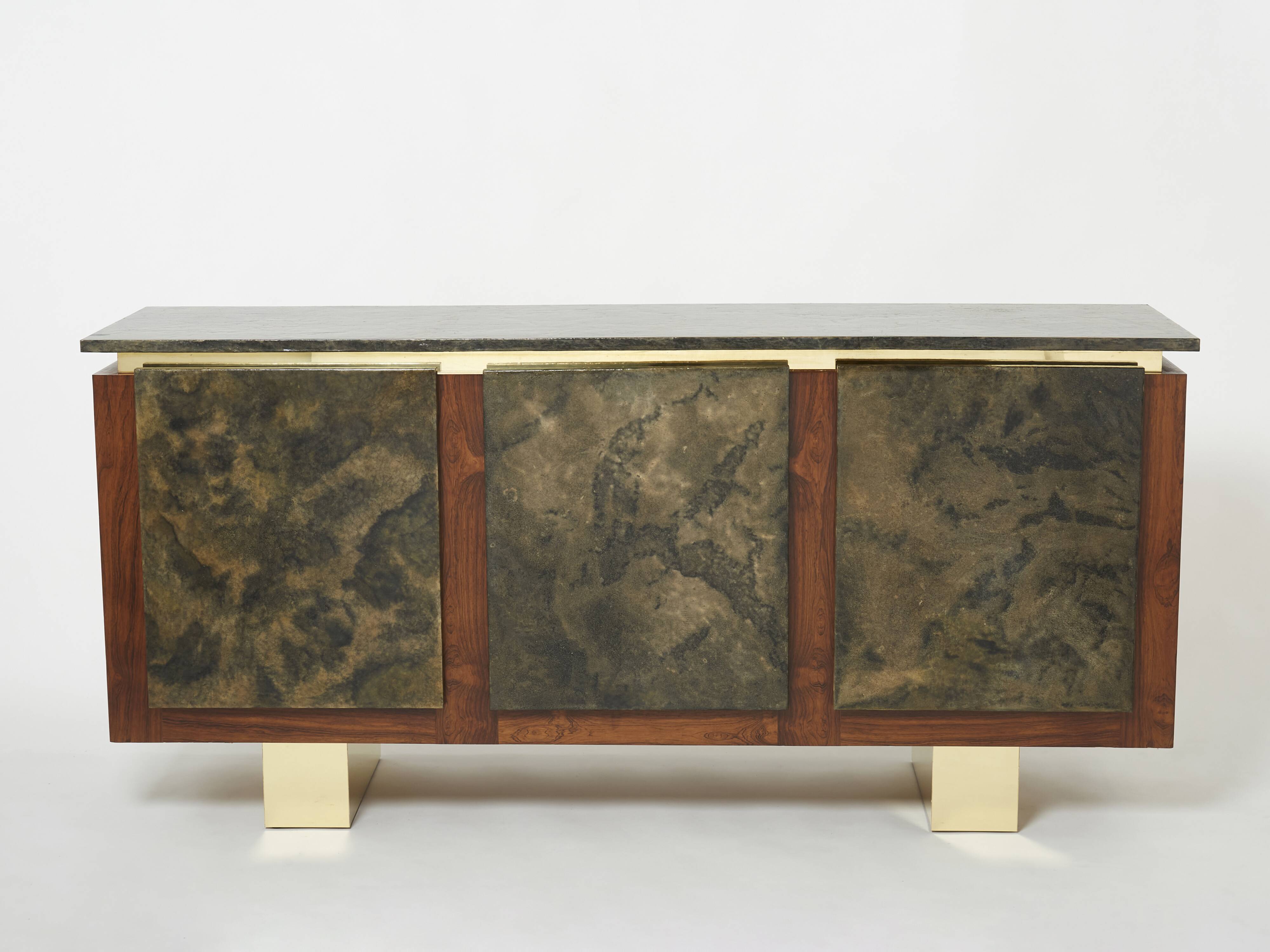 Brutalist Belgian enfilade in rosewood, resin, and brass from around 1970.