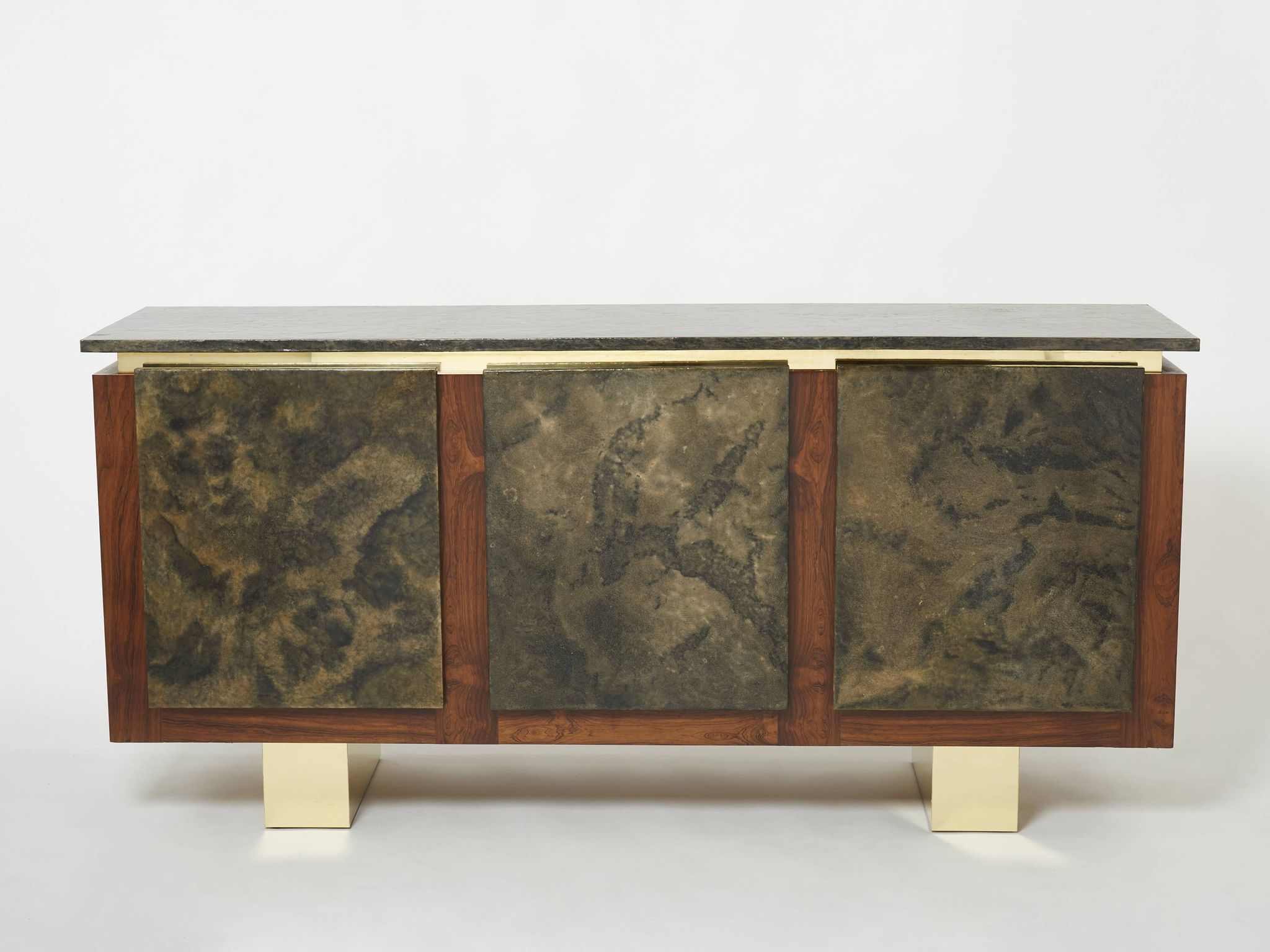 Brutalist Belgian enfilade in rosewood, resin, and brass from around 1970.