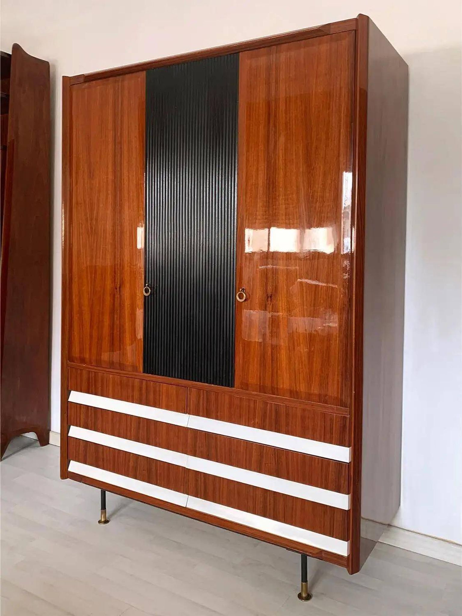 Vintage Italian Wardrobe, Walnut, Fluted Wood, Brass Feet 1950s italian