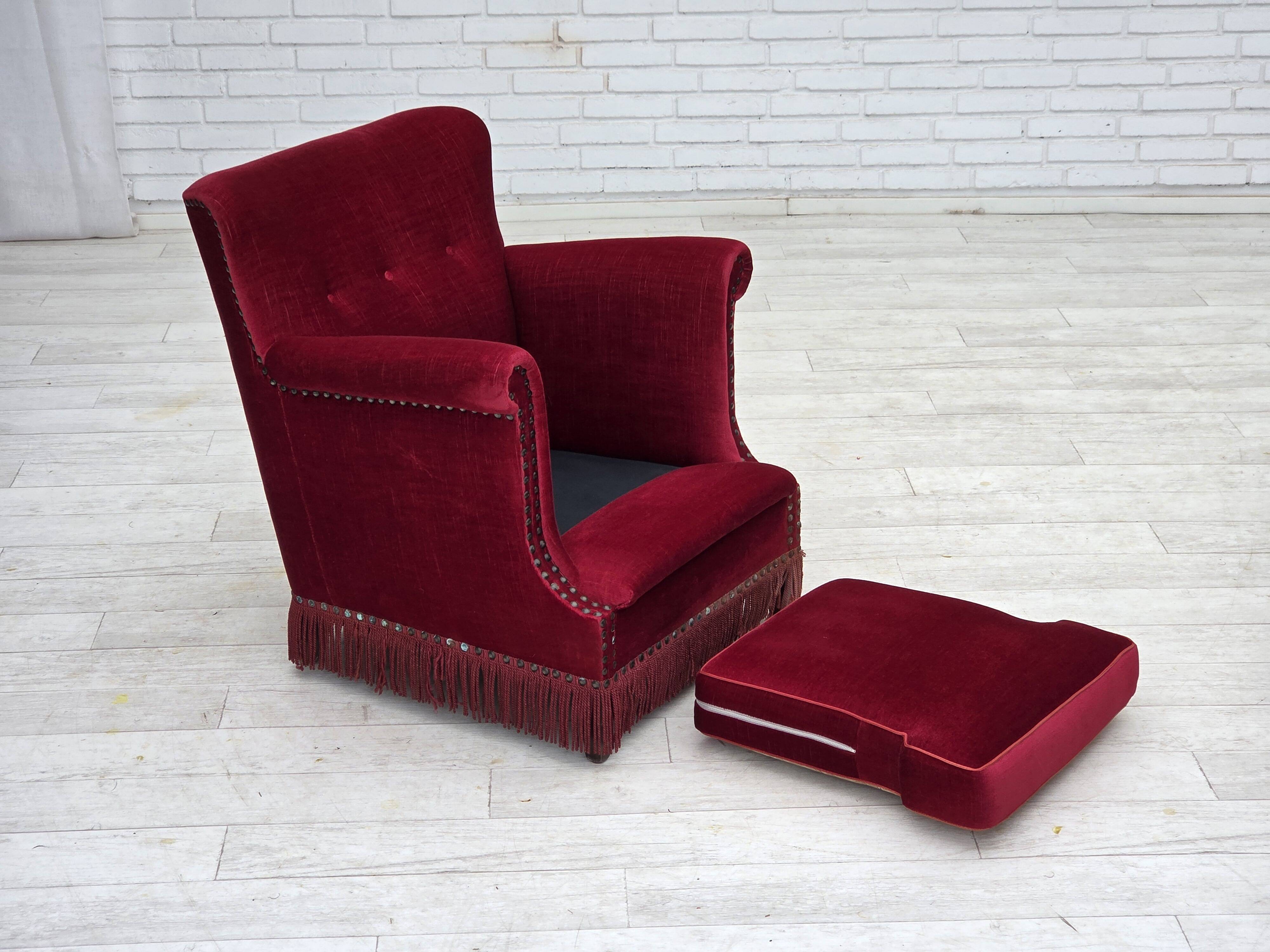 1970s, Danish armchair, red furniture velour, ash wood.