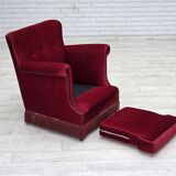 1970s, Danish armchair, red furniture velour, ash wood.