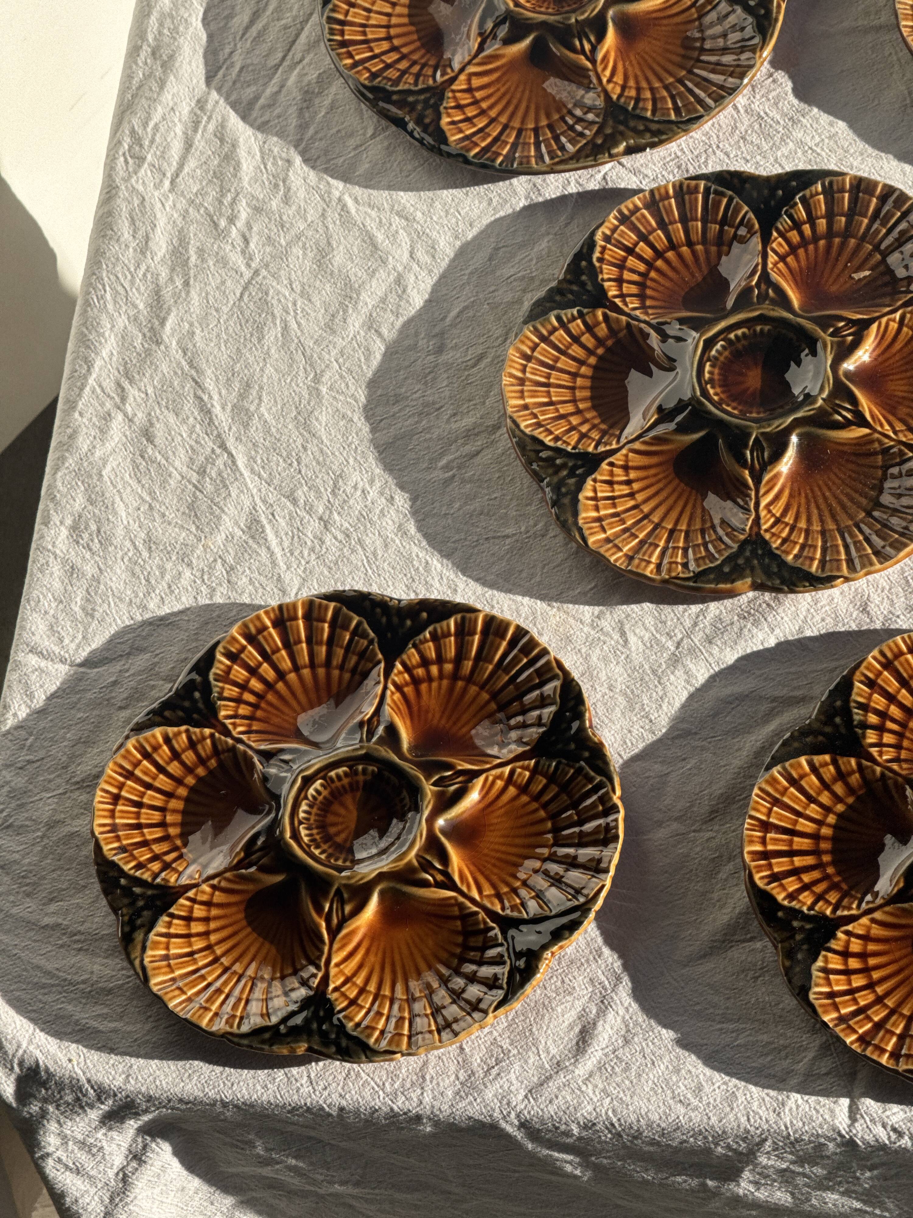 Set of 12 oyster or shell plates in glazed brown ceramic D
