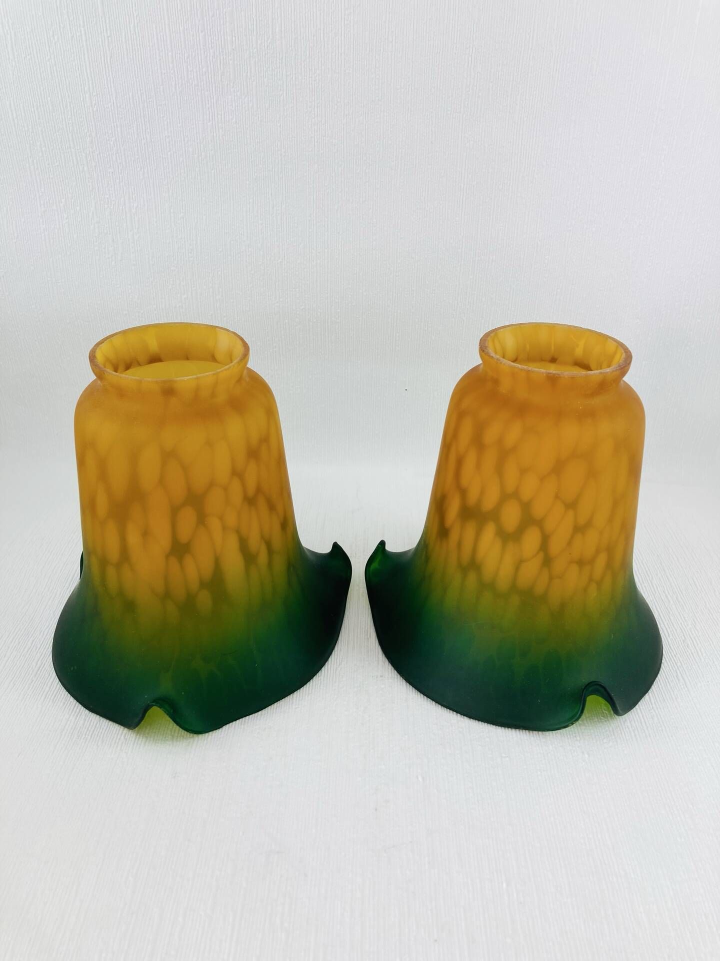 Pair of Antique Art Nouveau Tulips - Speckled Amber Green Glass