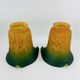 Pair of Antique Art Nouveau Tulips - Speckled Amber Green Glass