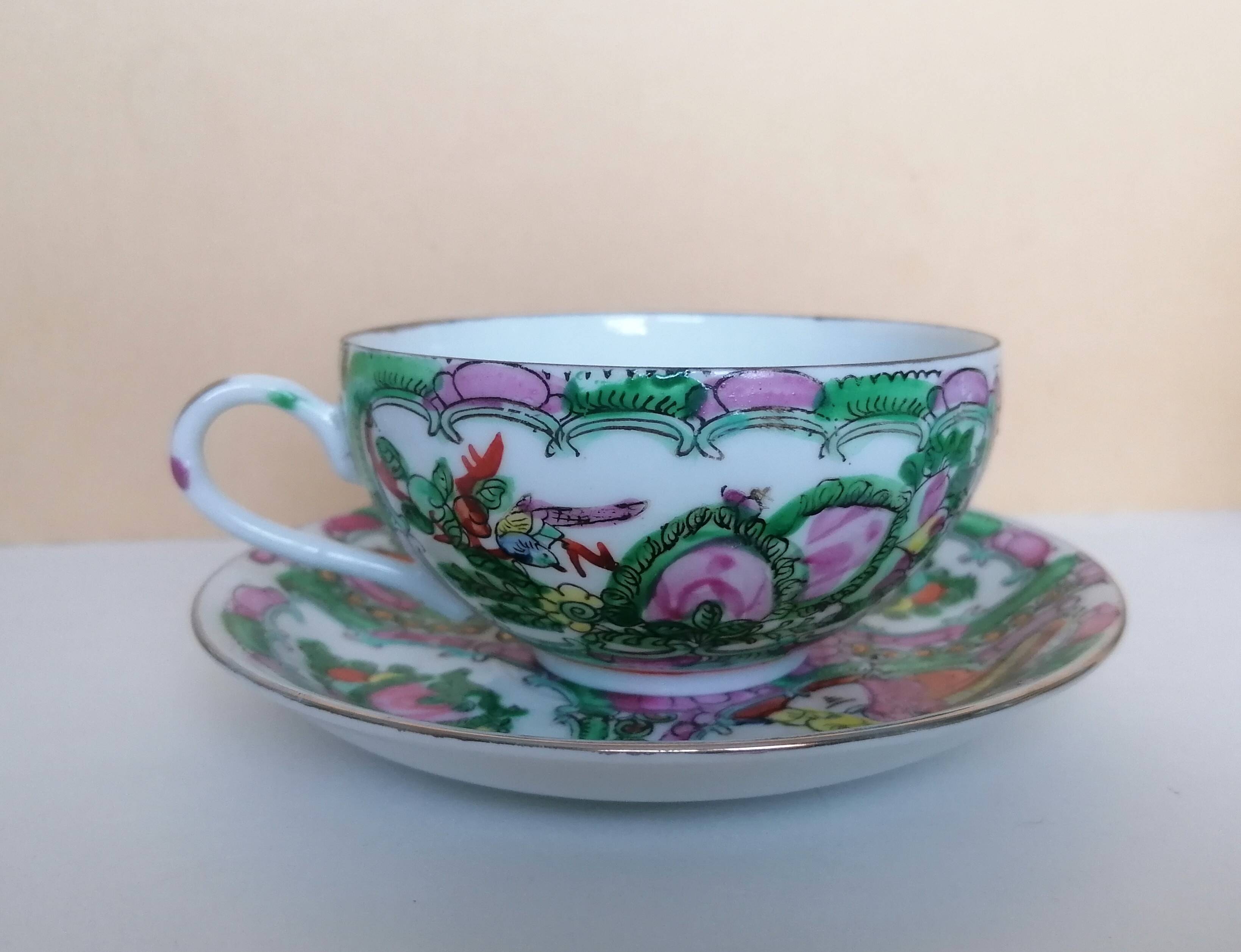 Canton porcelain tea service with 6 cups and teapot.