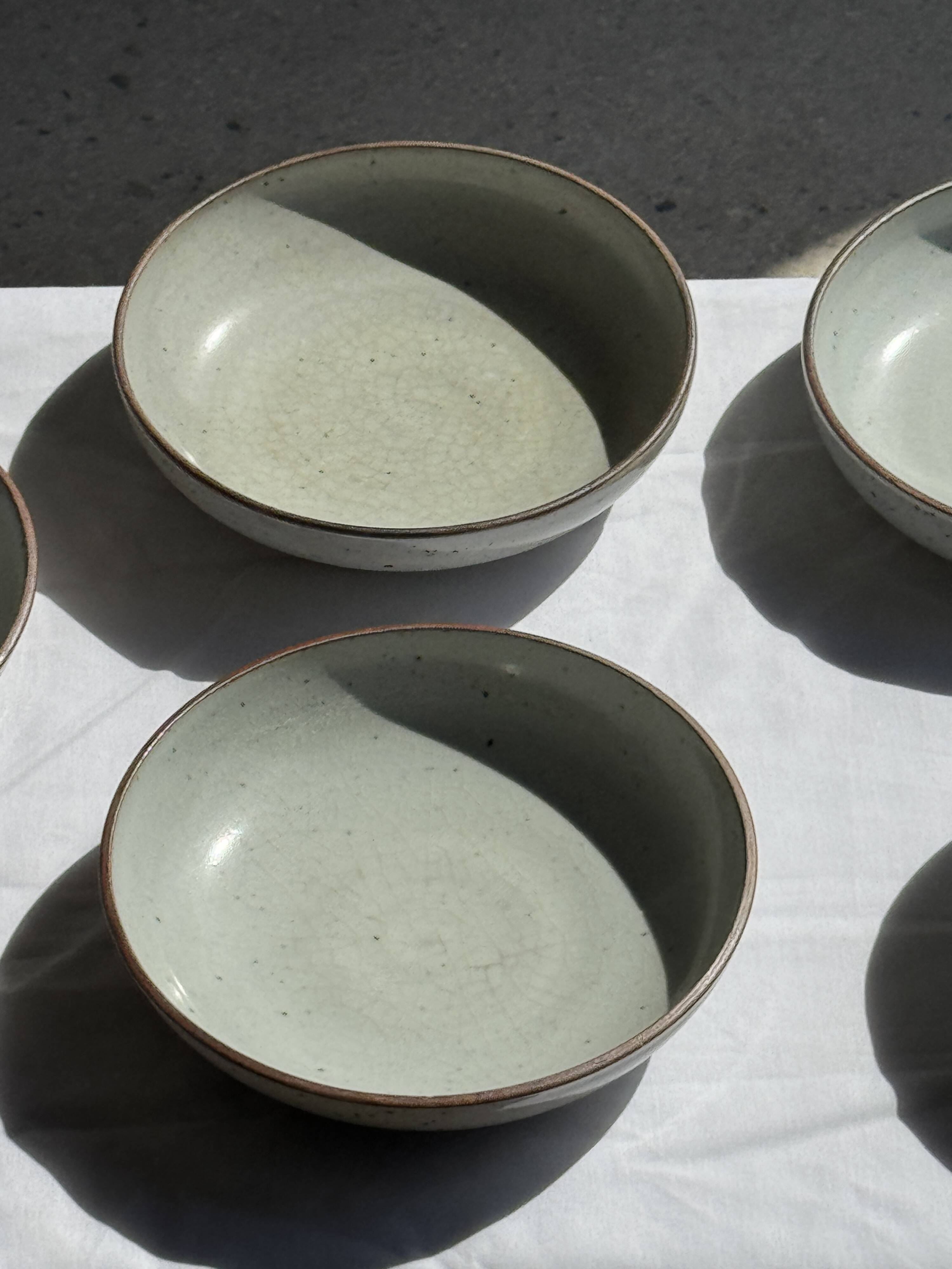 Set of 7 handmade grey glazed ceramic deep plates D18.5 H5.