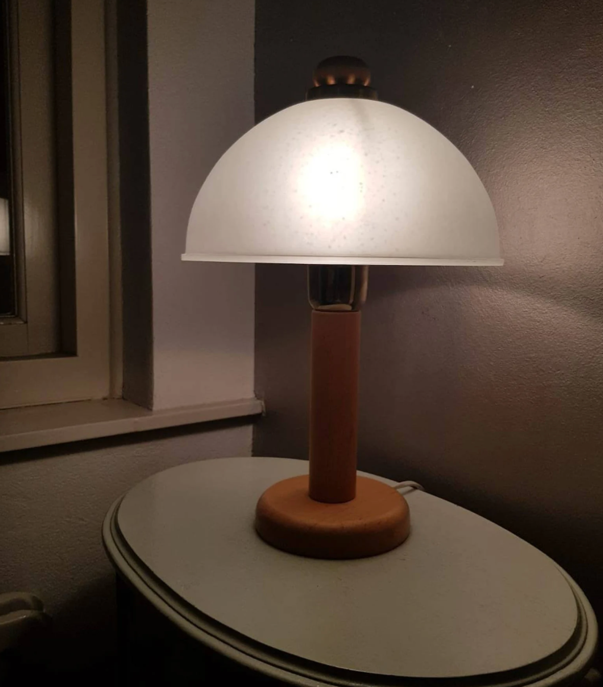 Vintage wooden table lamp with glass lampshade, 80s